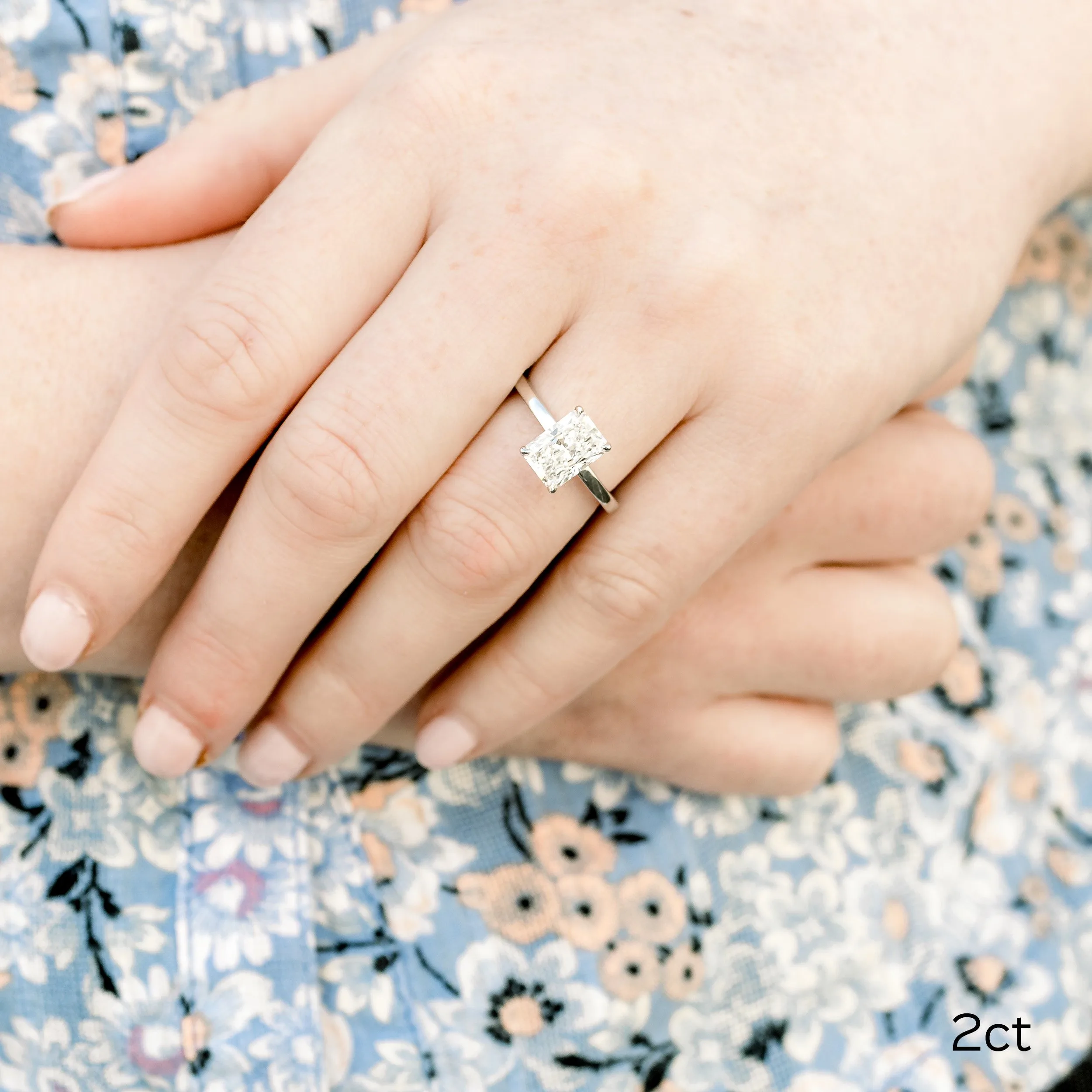 platinum 2 ct radiant cut lab diamond solitaire engagement ring with floral basket on model ada diamonds design ad 368