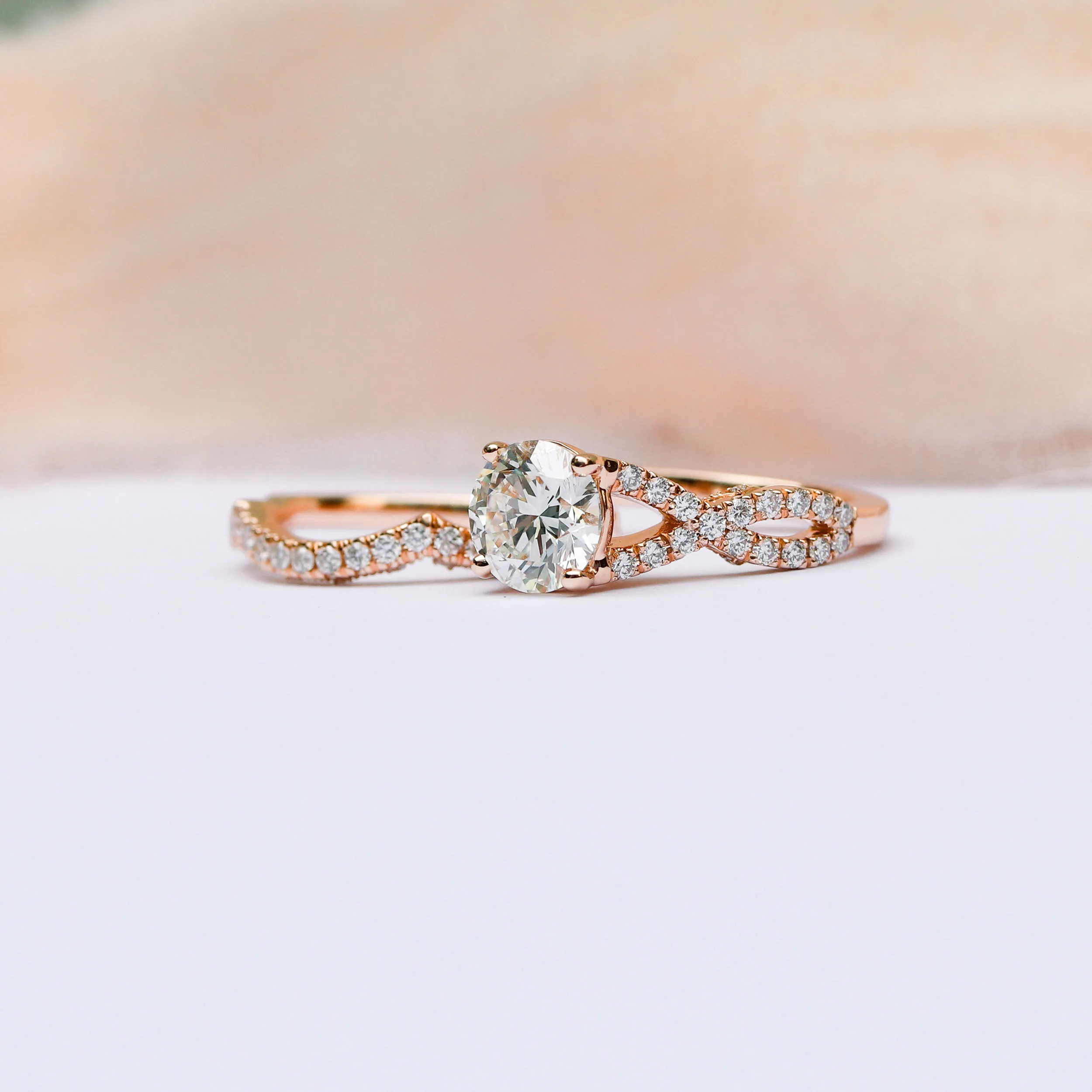 14k Rose Gold Custom Twisting Band Engagement Ring and Half Eternity Band Ada Diamonds Design Number AD-178 Artistic Image