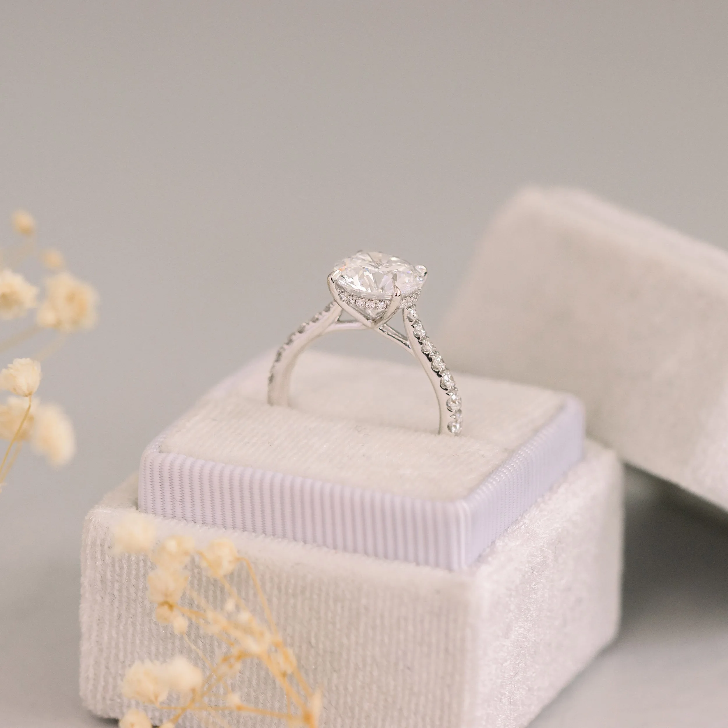 platinum 2.5 carat round man made diamond trellis pavé engagement ring with tapered band ada diamonds design ad 178 profile