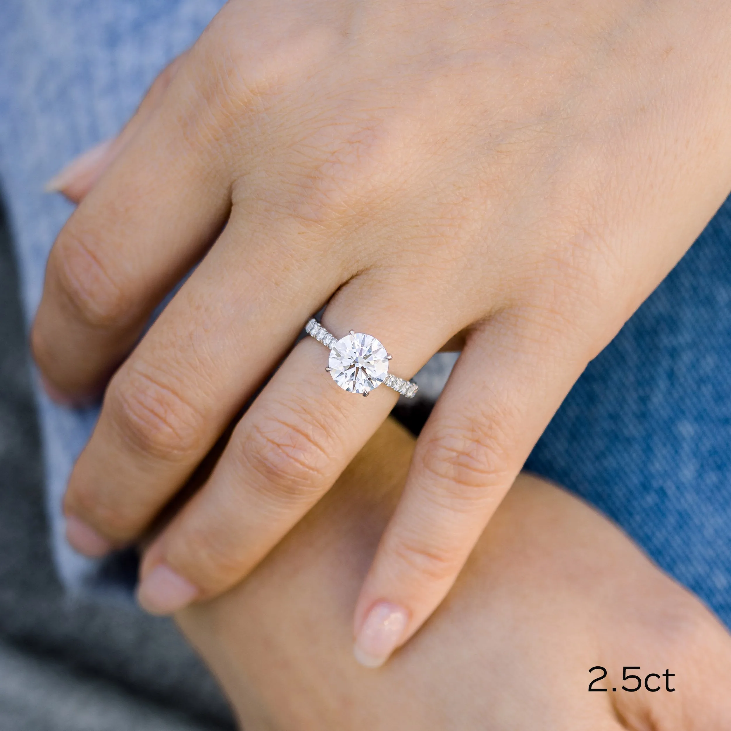 platinum 2.5 carat round trellis pavé engagement ring with tapered band ada diamonds design ad 178 on model