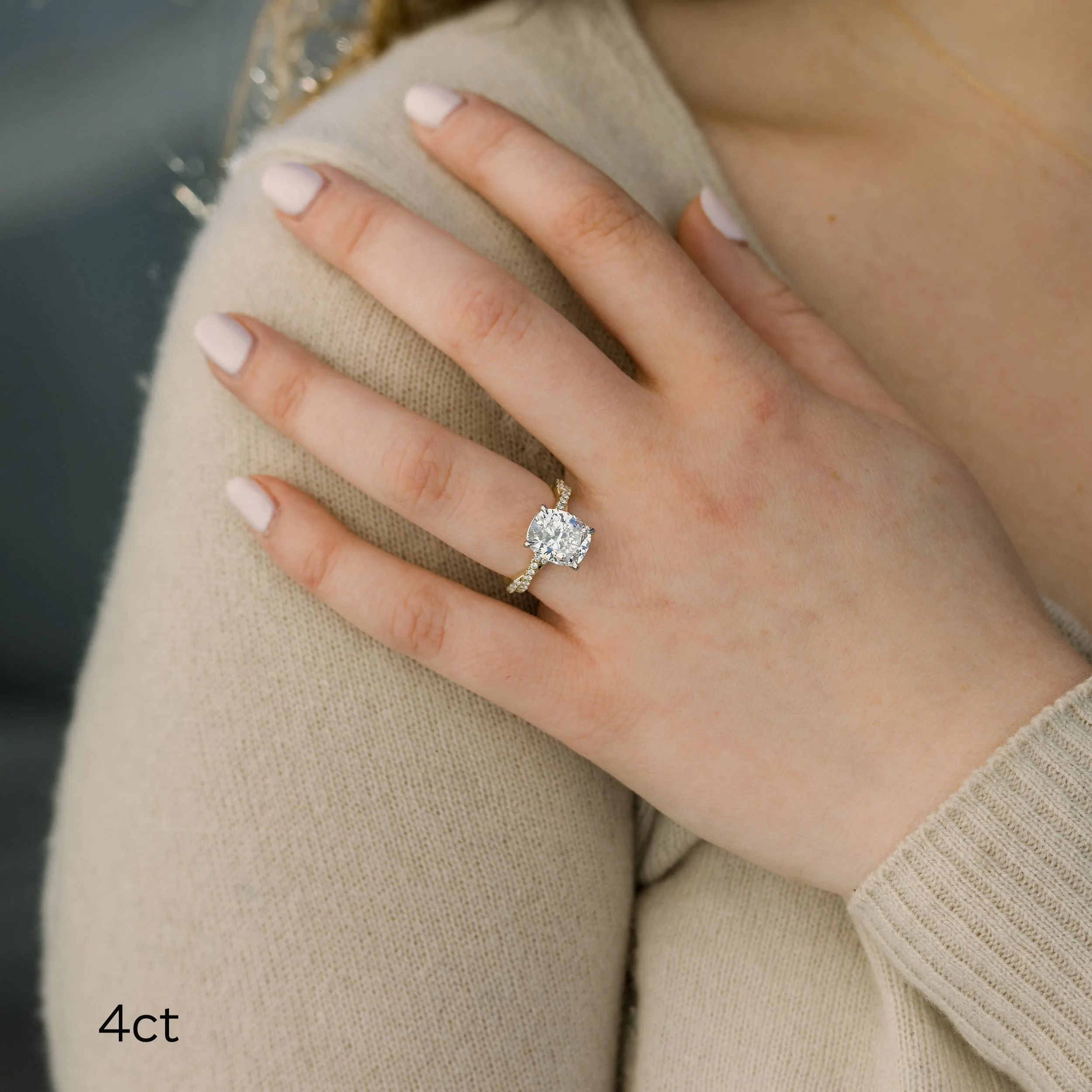platinum and yellow gold four carat cushion cut engagement ring with woven diamond band featuring lab created diamonds ada diamonds design ad 178 on model