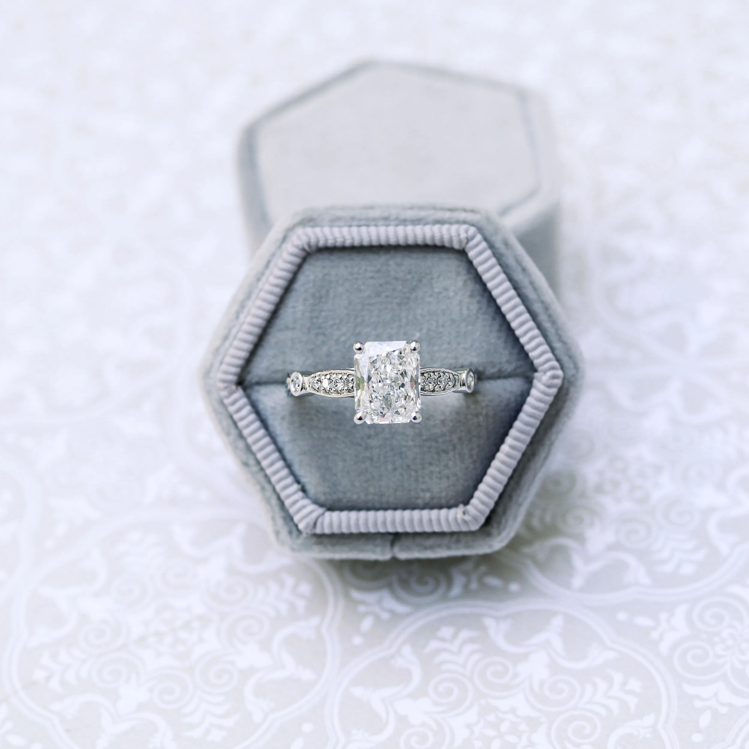 Platinum Vintage Inspired 2 Carat Radiant Pavé Man Made Diamond Engagement Ring Ada Diamonds Design Number 178 In Box