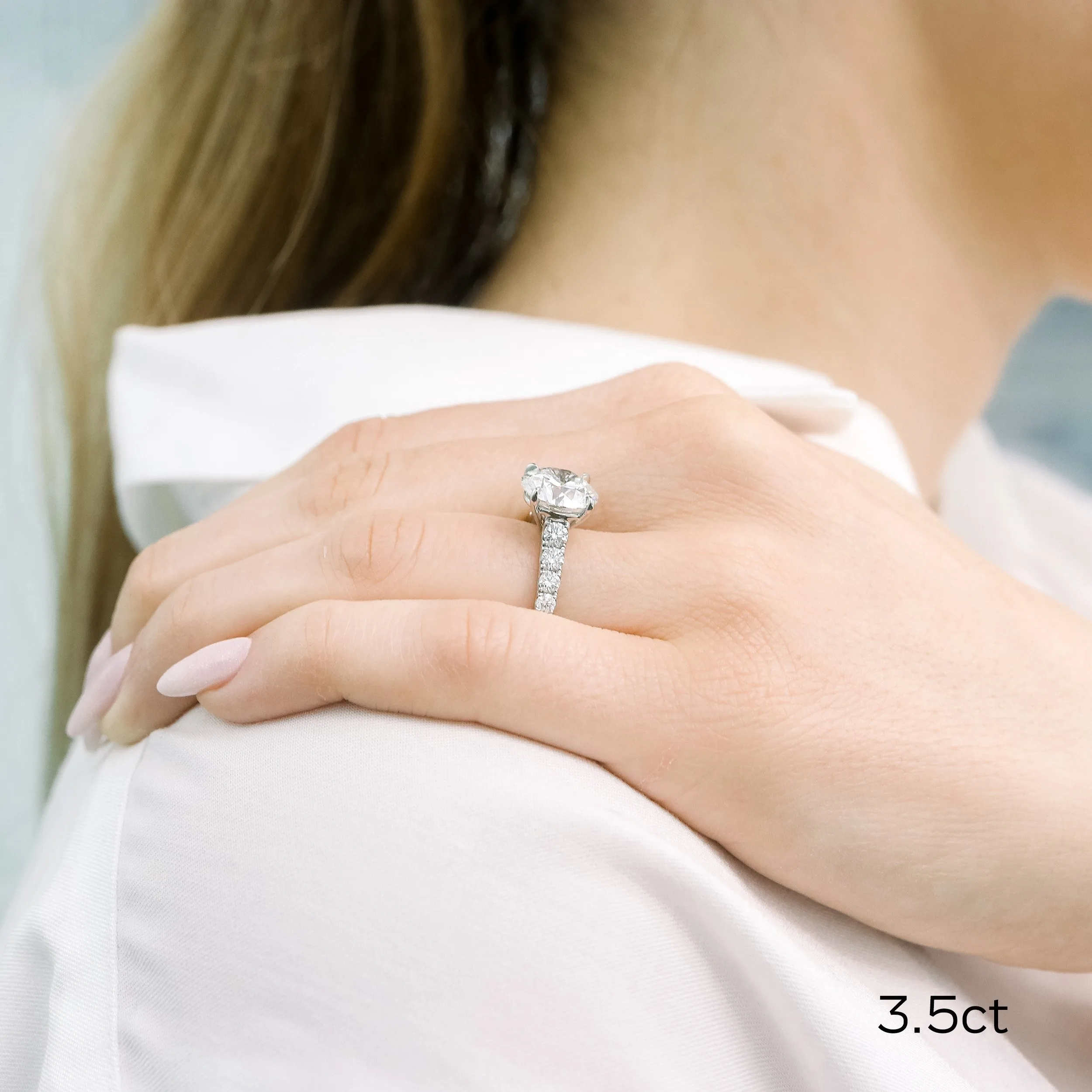 platinum custom lab diamond engagement ring with 3.5ct round lab diamond center stone in high profile setting with reverse tapered diamond band ada diamonds design ad 178