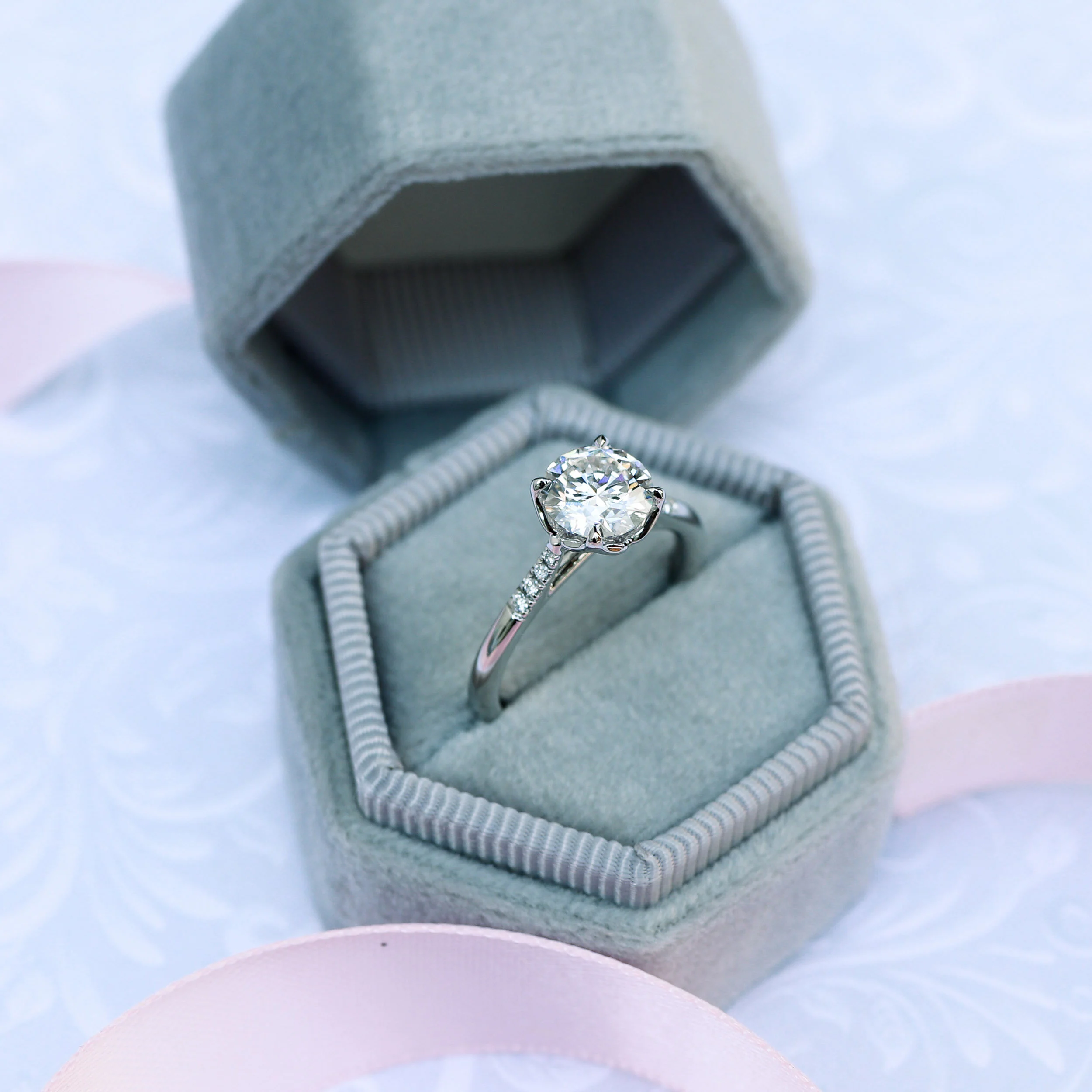 Platinum Custom Floral Inspired 1 Carat Round Lab Diamond Engagement Ring Ada Diamonds Design AD-178 Artistic Shot