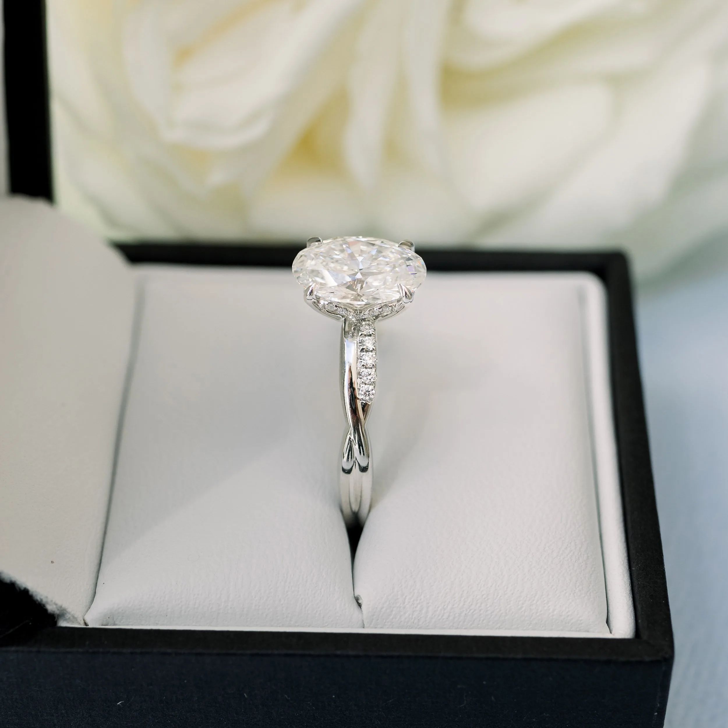 platinum two carat lab created diamond floral inspired engagement ring with custom twisting diamond band ada diamonds design ad 178 on model