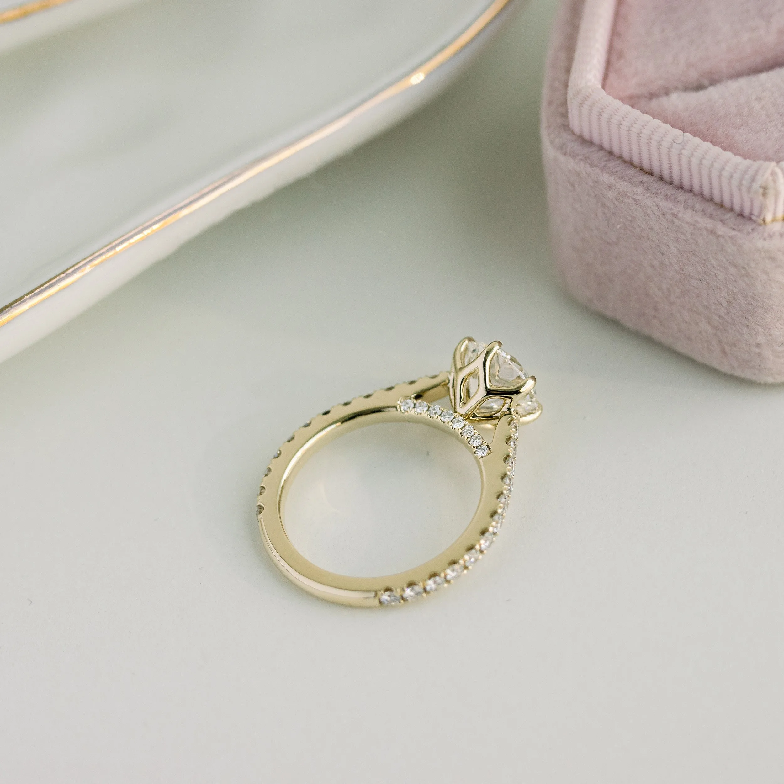 14k yellow gold round lab diamond custom floral inspired diamond band engagement ring ada diamonds design ad 178 macro