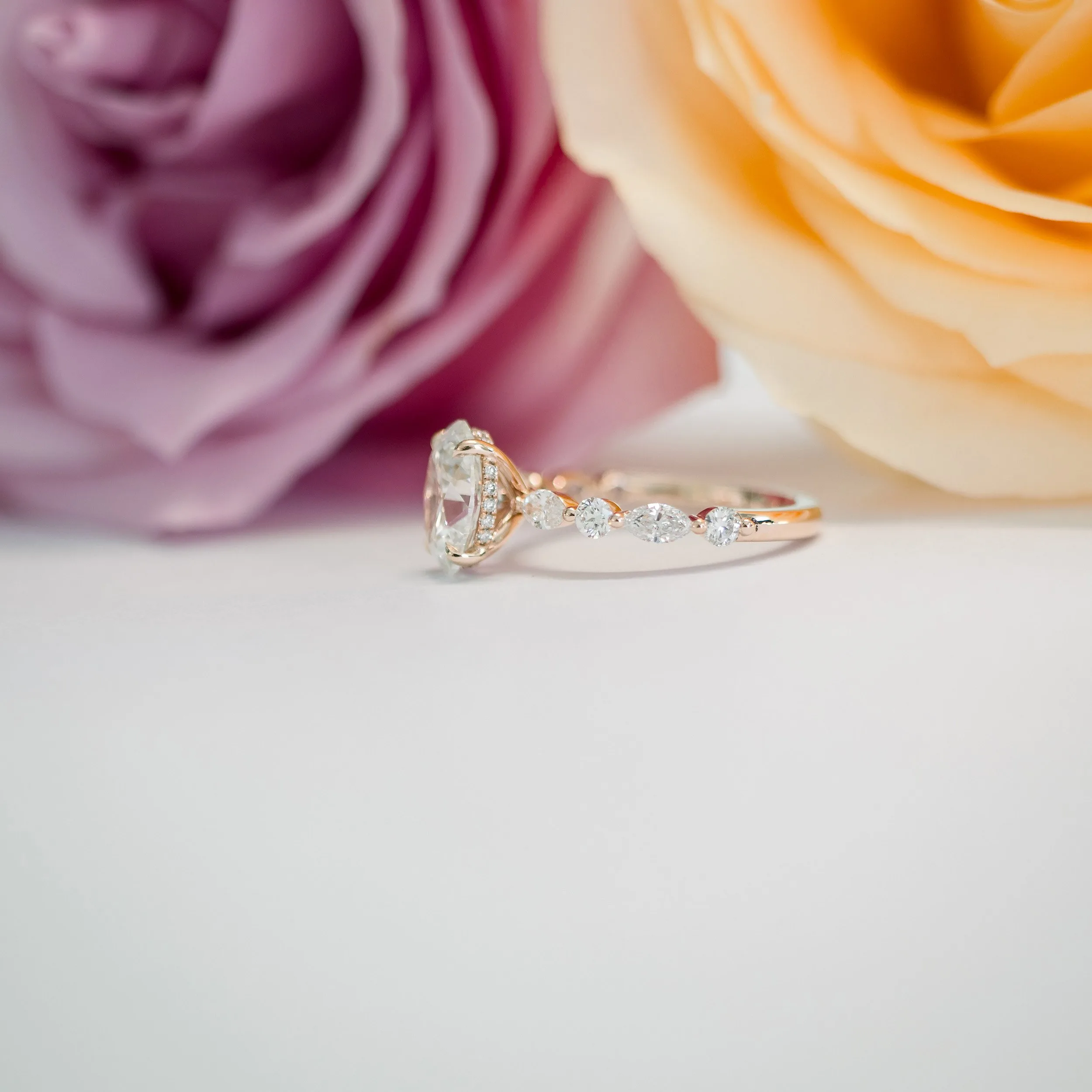 14k rose gold 3ct oval lab diamond engagement ring with custom round and marquise band ada diamonds design ad178 macro