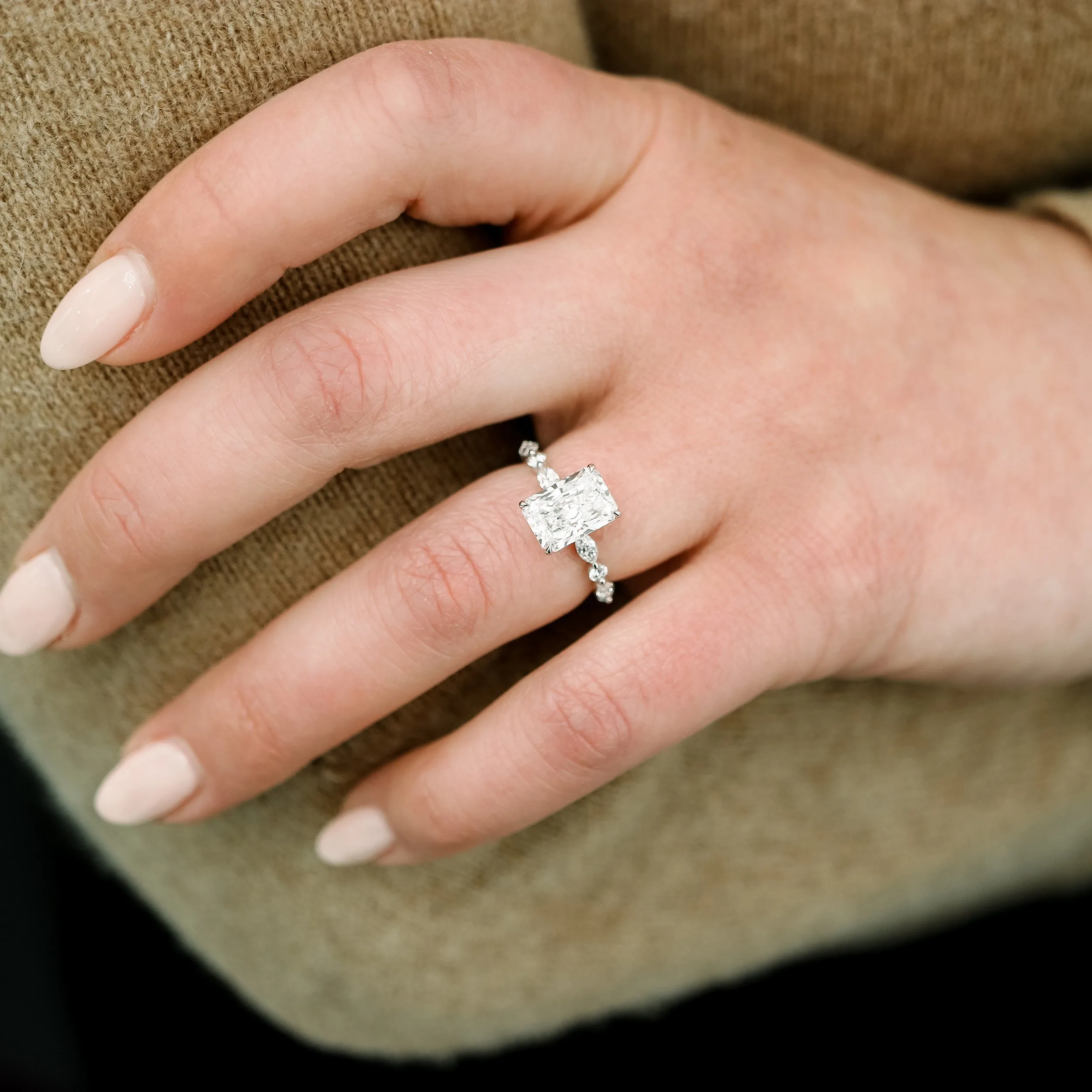 platinum 2 carat radiant manmade diamond engagement ring with marquise and round band ada diamonds design ad178