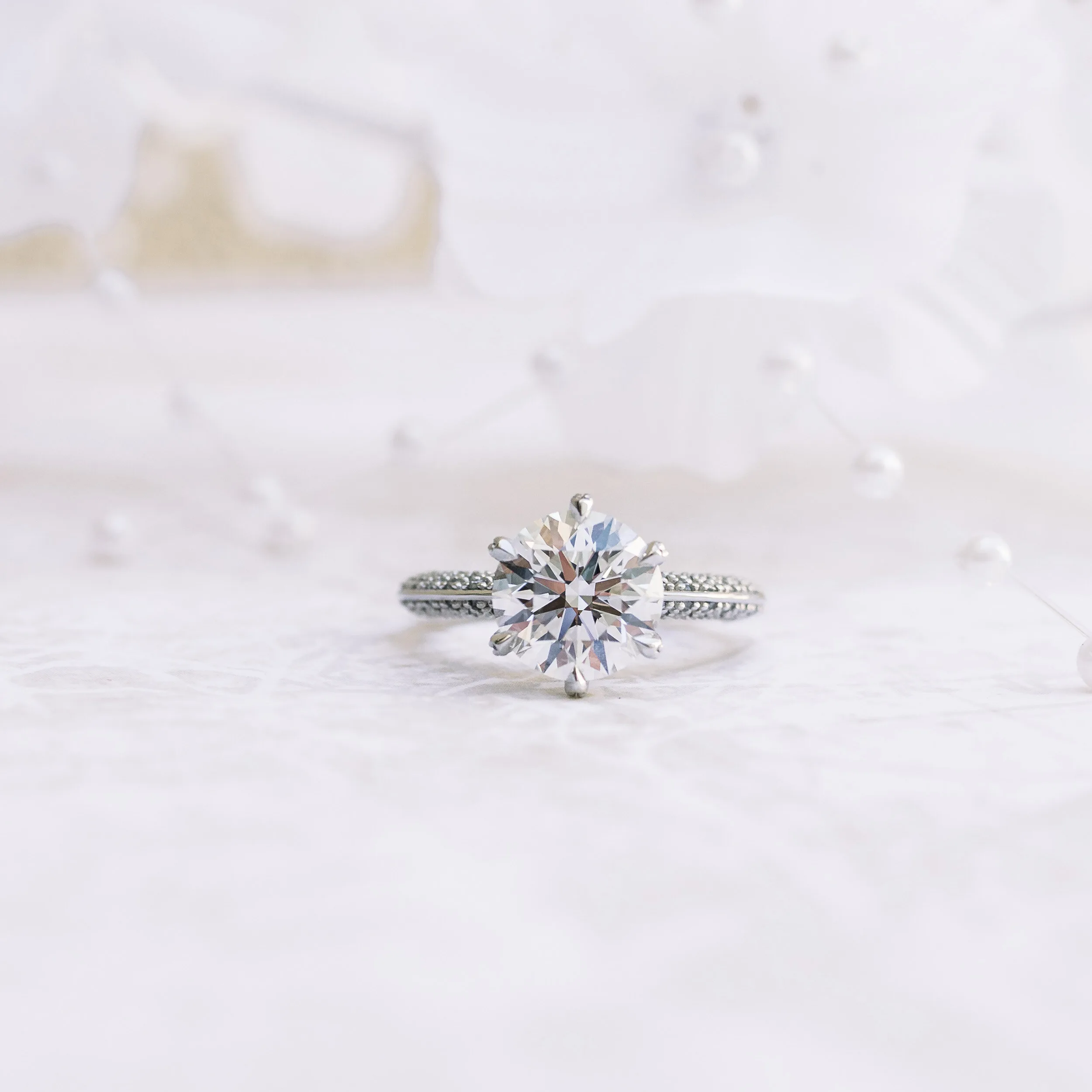 Platinum 2.75 Carat Round Lab Diamond Six Prong Engagement Ring with Knife Edge Micro Pave Band Ada Diamonds Design AD-178