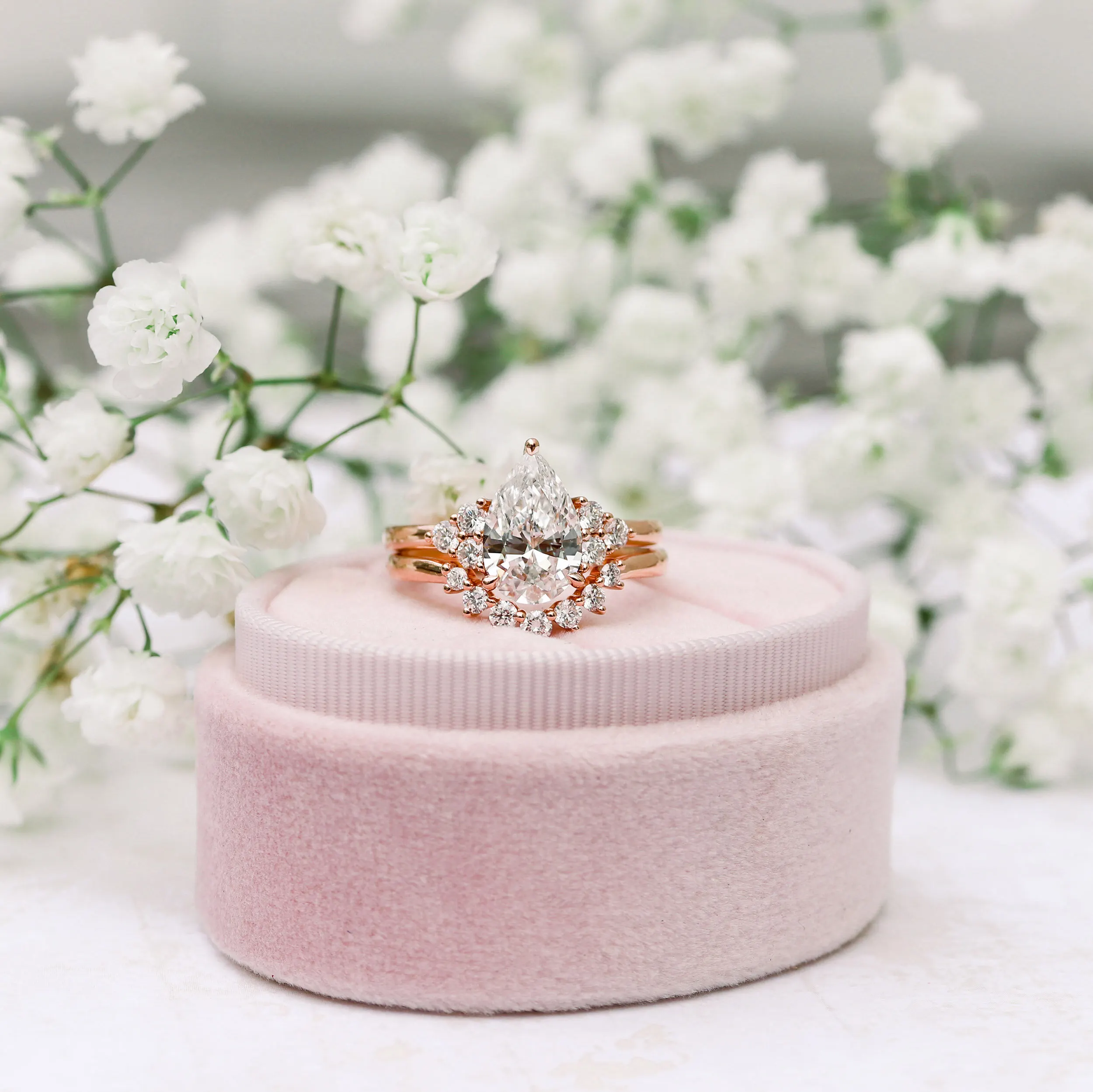 14k Rose Gold Custom 2 Carat Pear and Round Lab Diamond Wedding Set Ada Diamonds Design AD-178 in Box