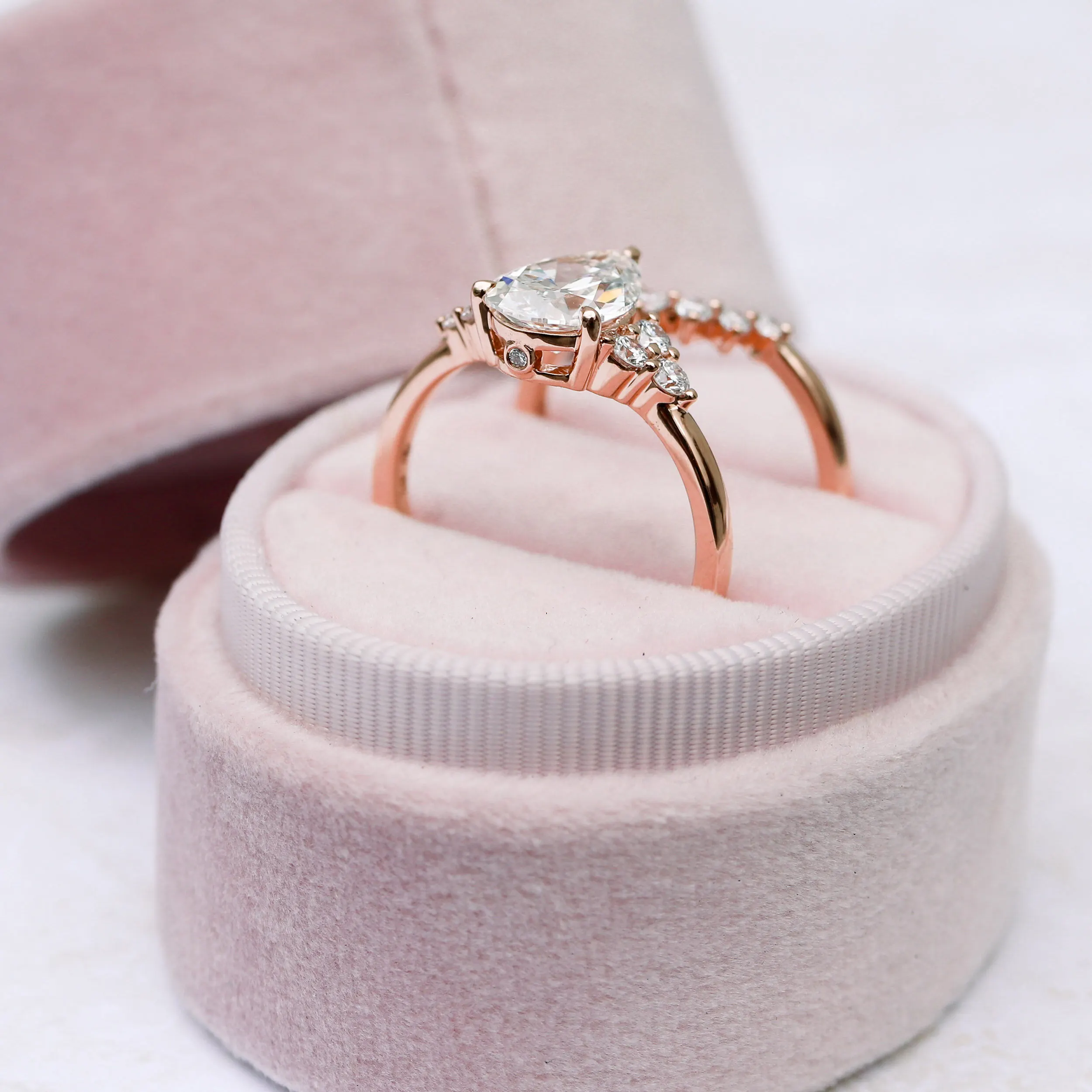 14k Rose Gold Custom 2 Carat Pear and Round Lab Diamond Wedding Set Ada Diamonds Design AD-178 Profile View