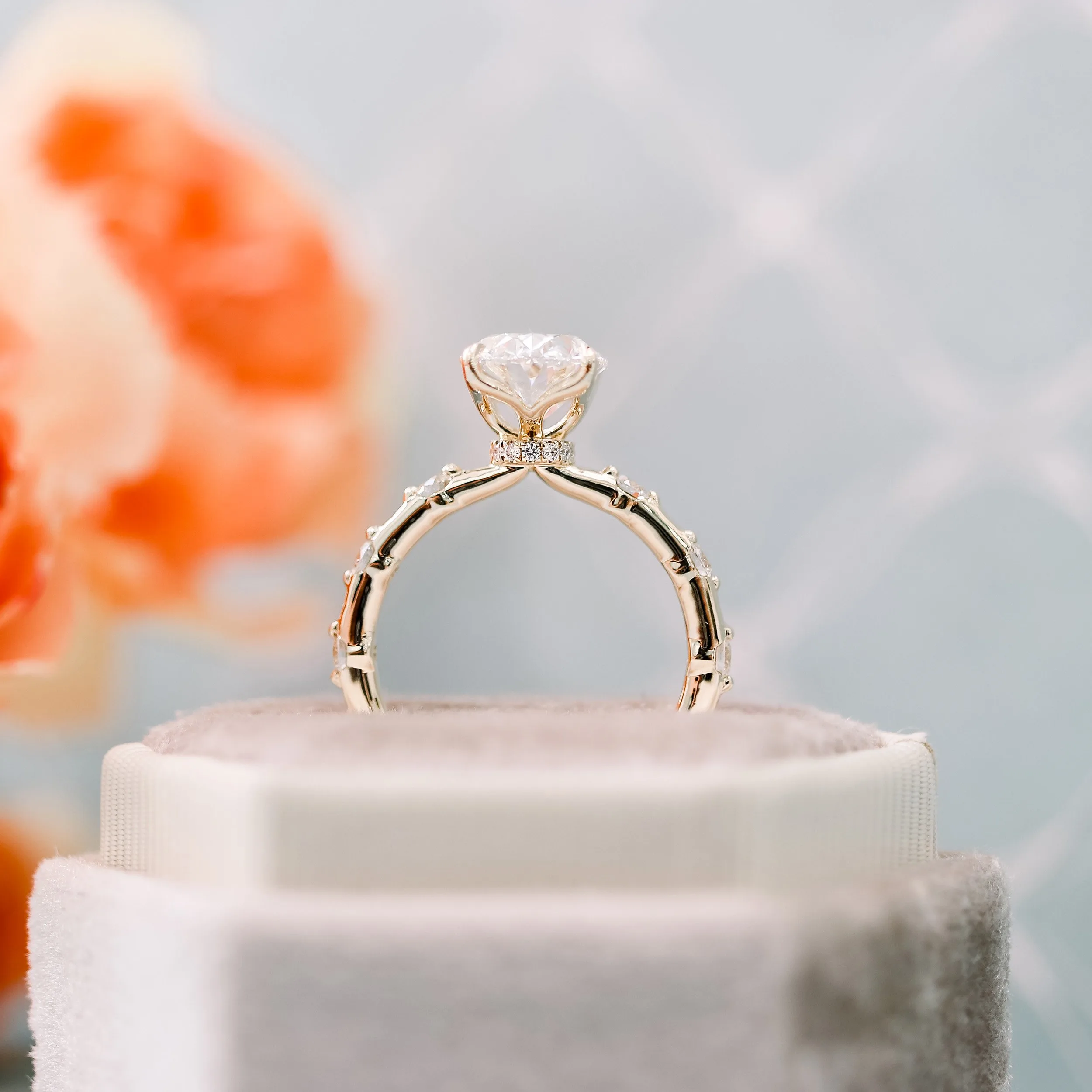 14k yellow gold oval custom lab created diamond engagement ring with custom diamond band and hidden halo ada diamonds design ad 178 profile view