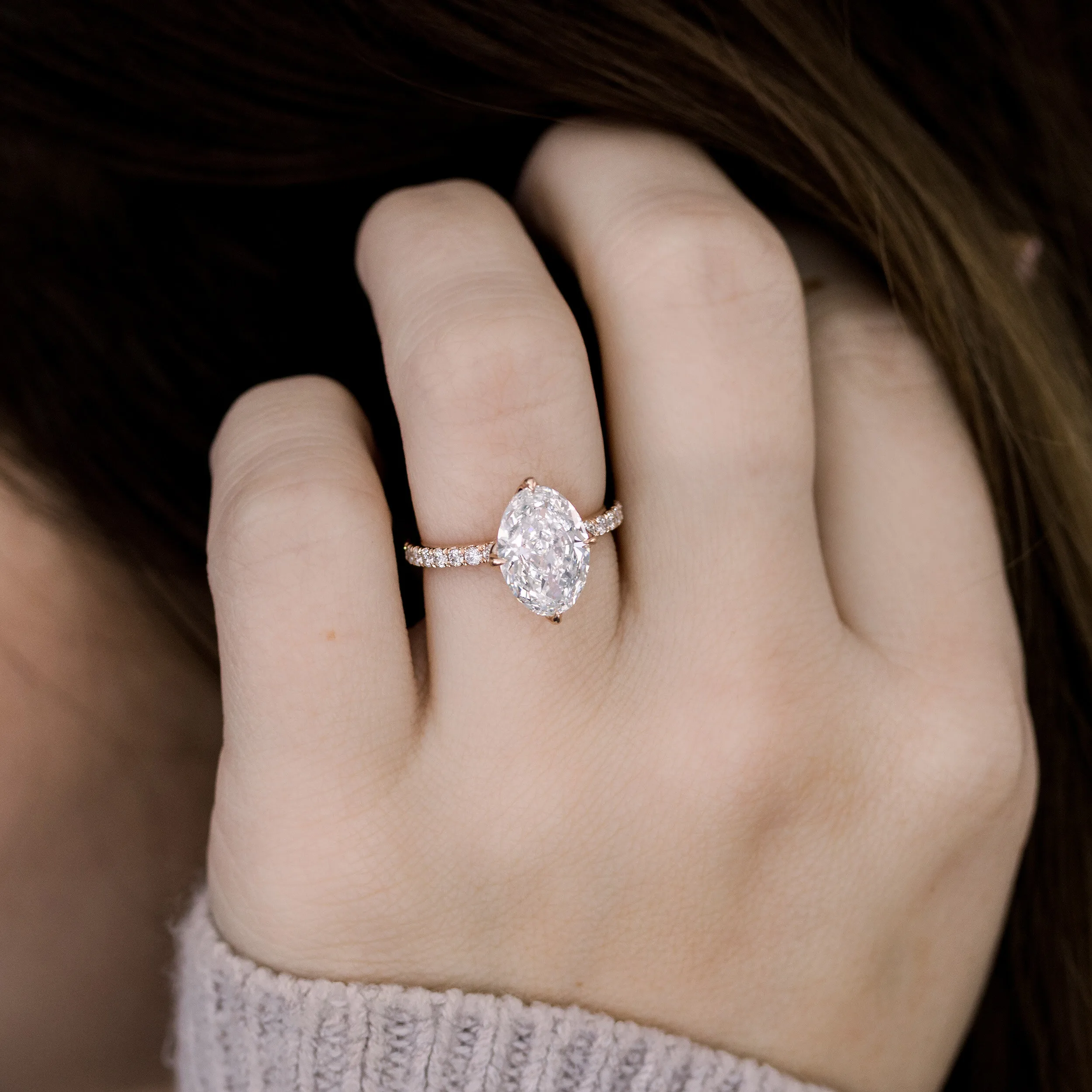 Rose Gold Oval Lab Diamond Engagement Ring with 1.6mm Diamond Band Ada Diamonds Design Ad-178 on Model