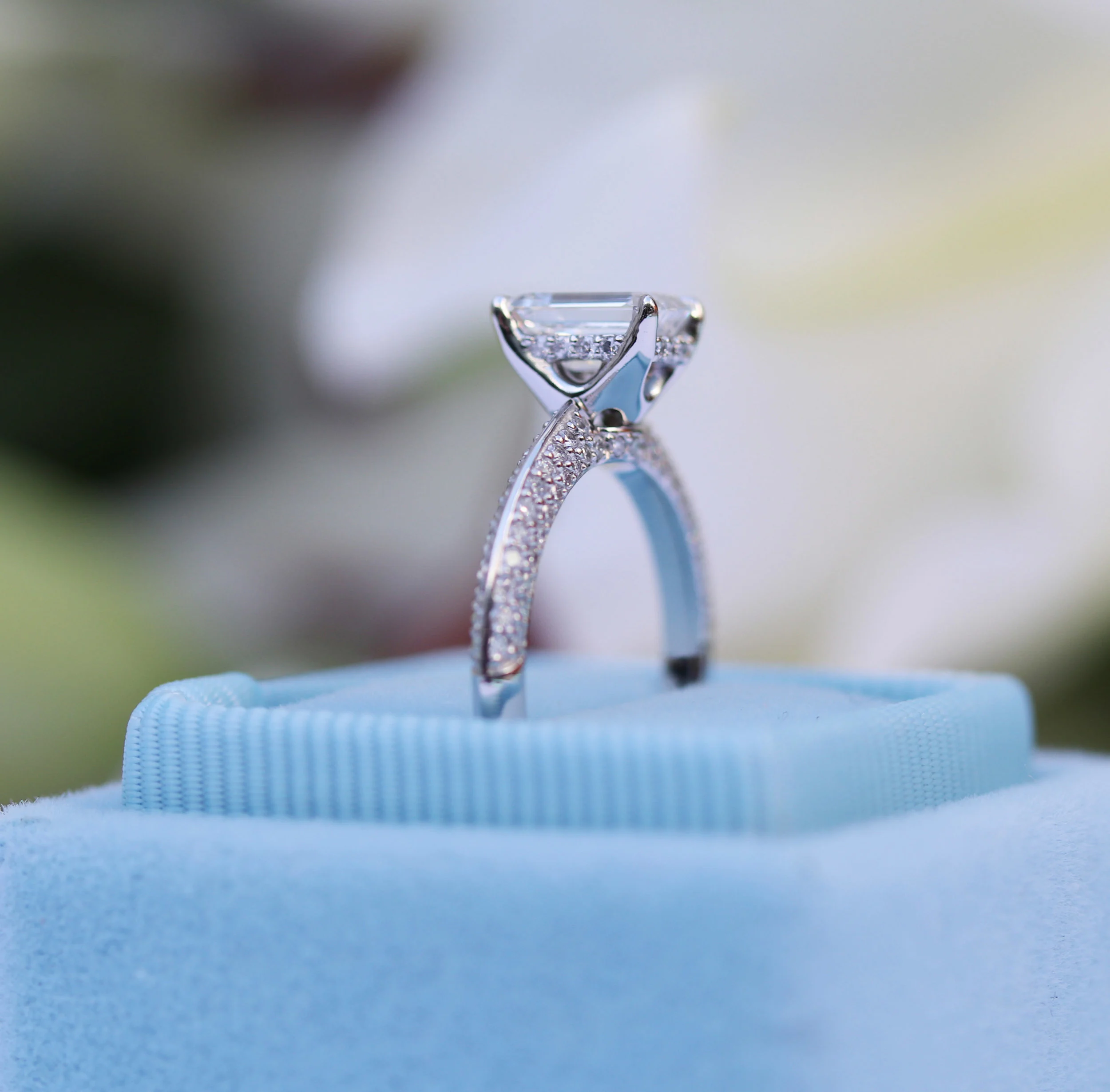 Emerald Cut Lab Created Diamond Custom Pave Band Engagement Ring Design AD-178
