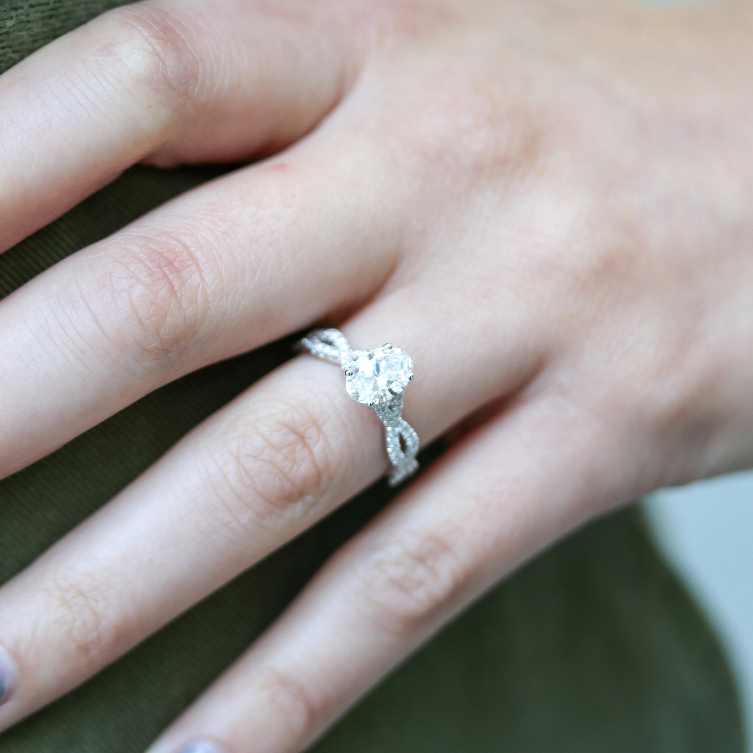 Lab Grown Diamond Custom Infinity Twist Engagement Ring On Model Design AD178