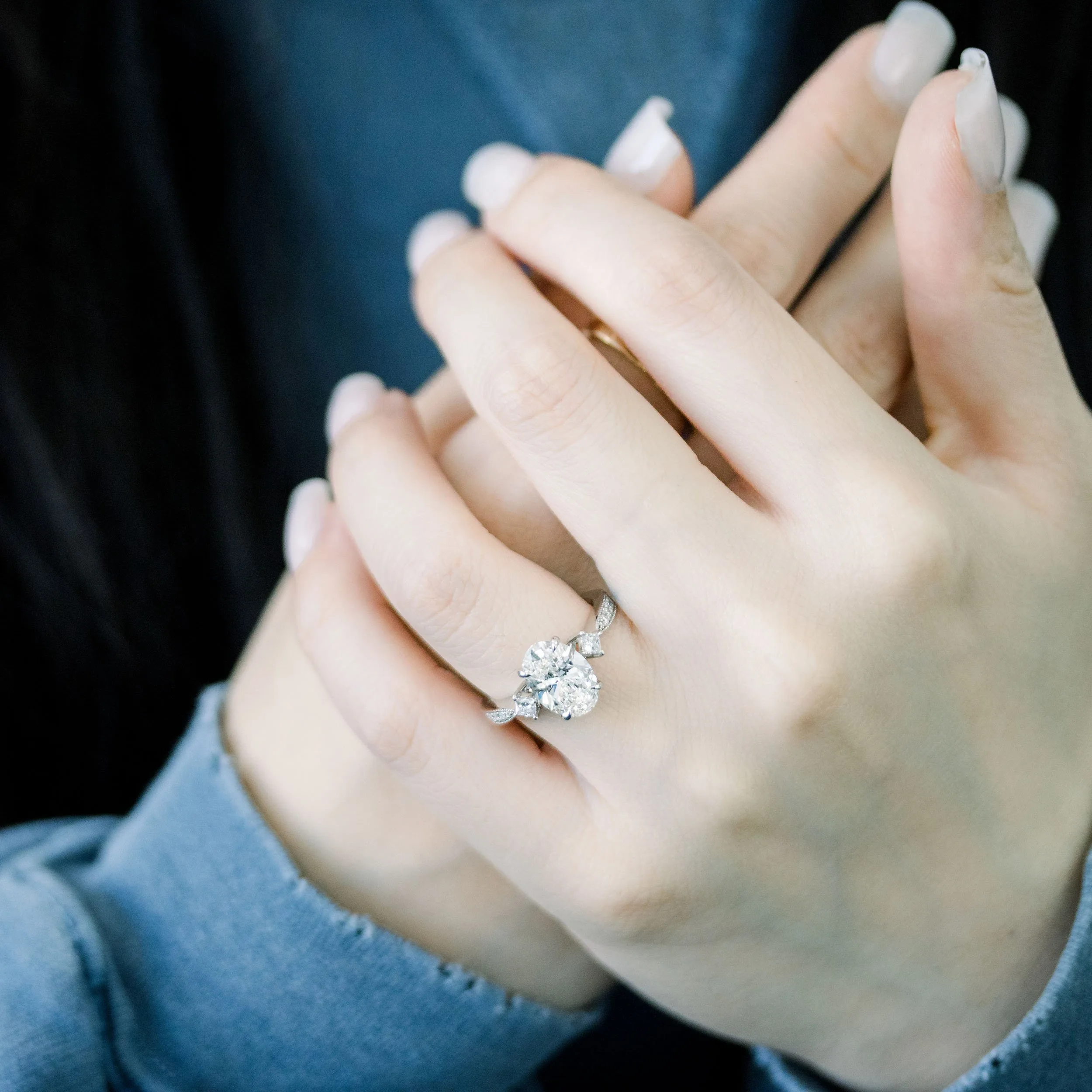 2.75 carat oval and princess cut custom diamond abdn lab diamond engagement ring ada diamonds design ad 178 on model