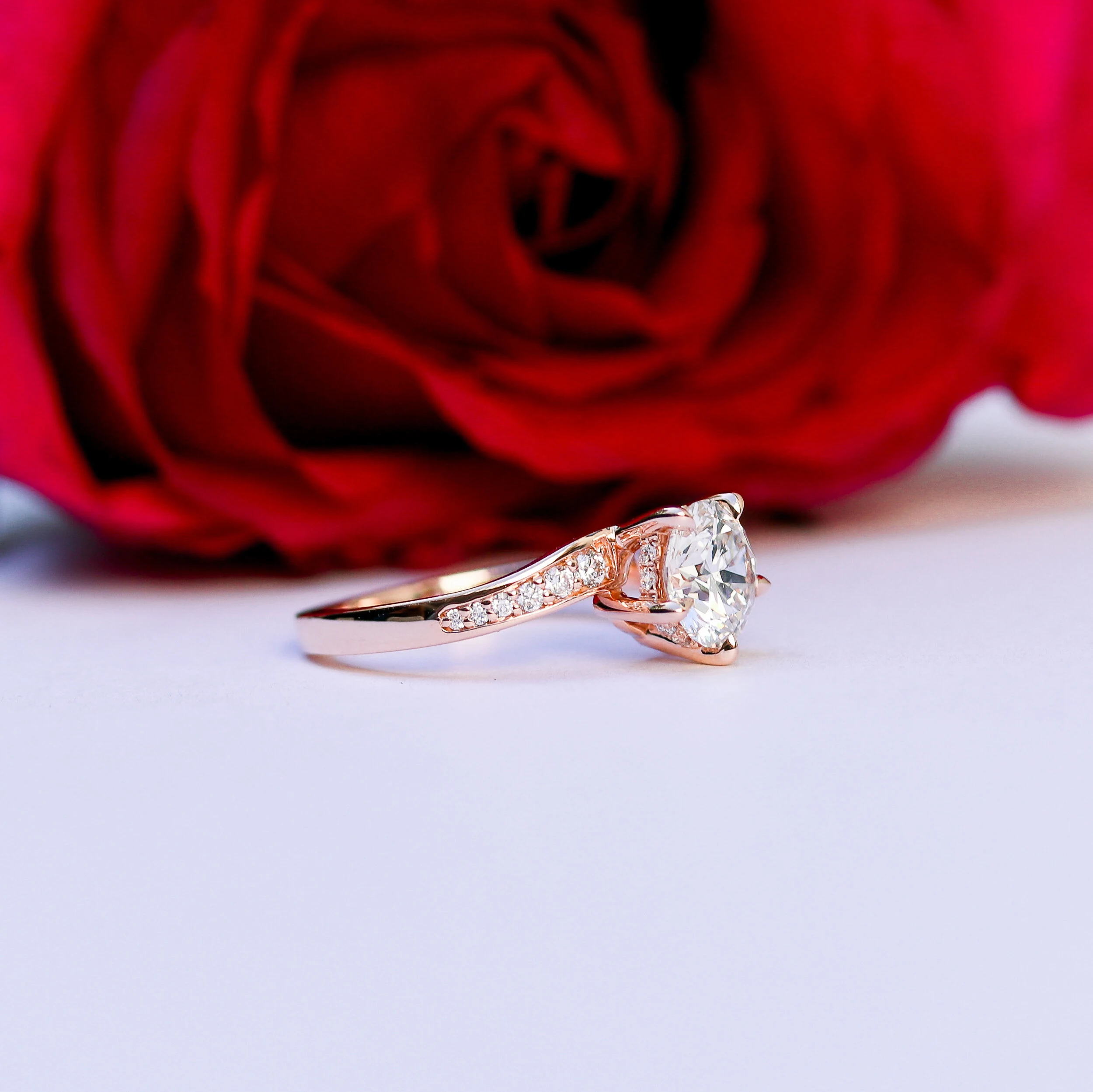 Custom Five Prong By Pass Channel Set Lab Diamond Engagement Ring Rose Gold Ada Diamonds AD-178