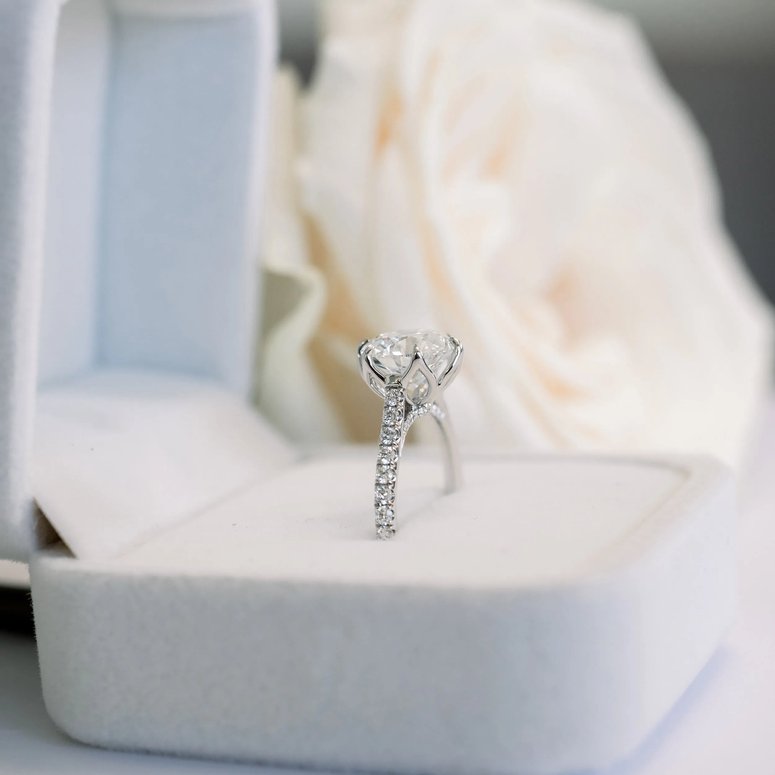 Platinum 2.5 Carat Round Cathedral Six Prong Engagement Ring with Diamonds on the Band Made with Lab Created Diamonds Ada Diamonds Design AD-178 Profile View