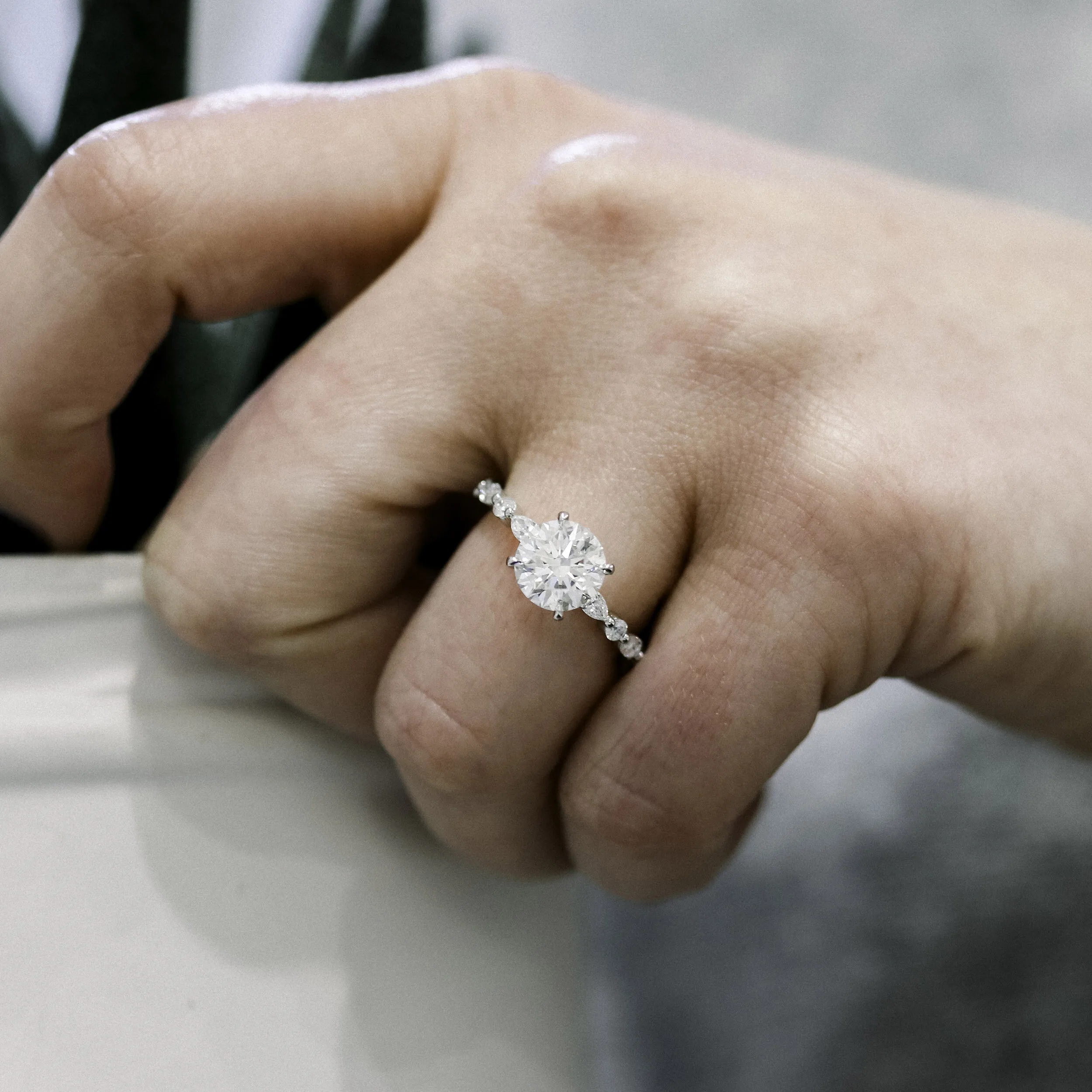 Custom Marquise and Round Lab Created Diamond Engagement Ring on Model Ada Diamonds AD-178