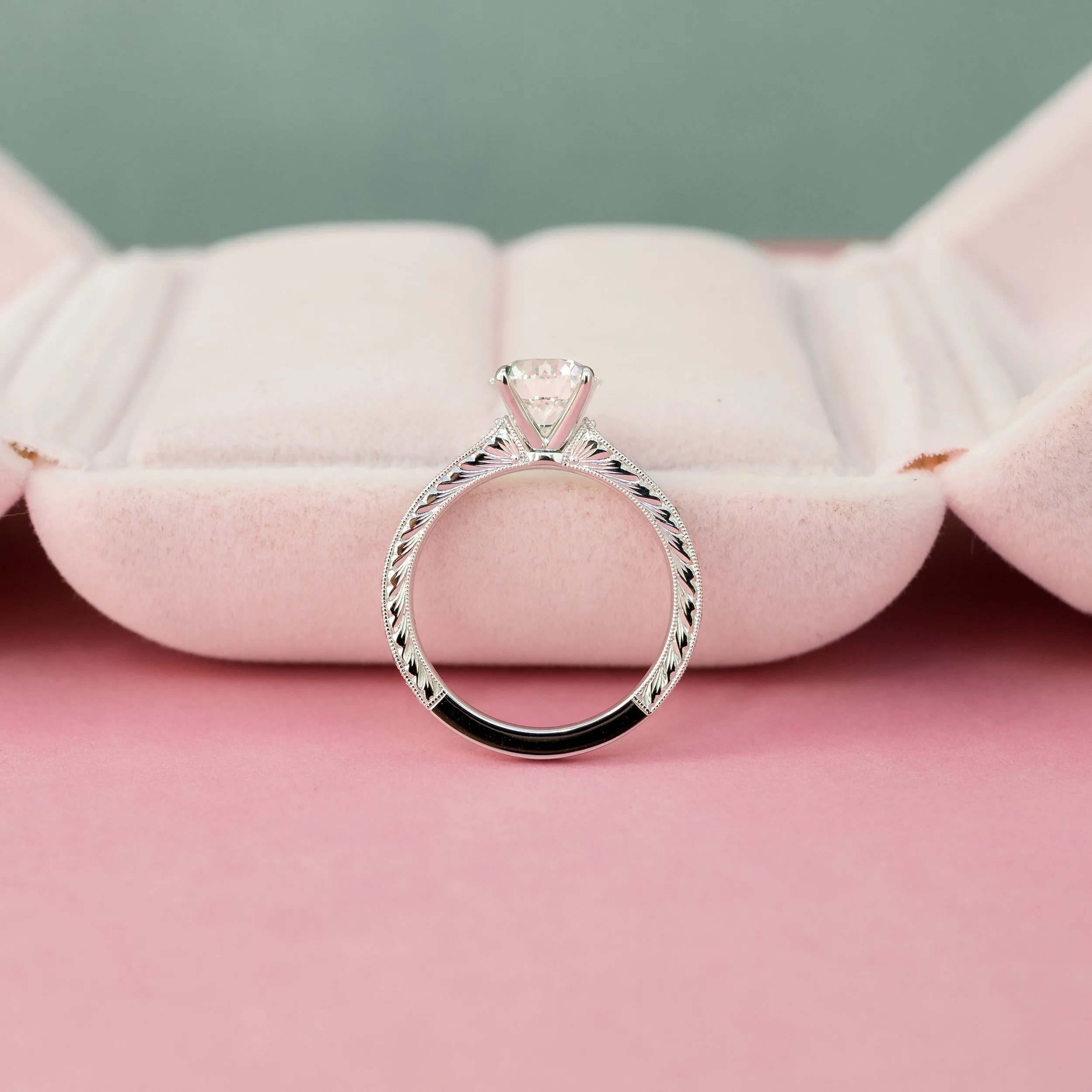 platinum 2 carat round lab diamond engagement ring with custom channel set diamond band and engraving ada diamonds design ad 178