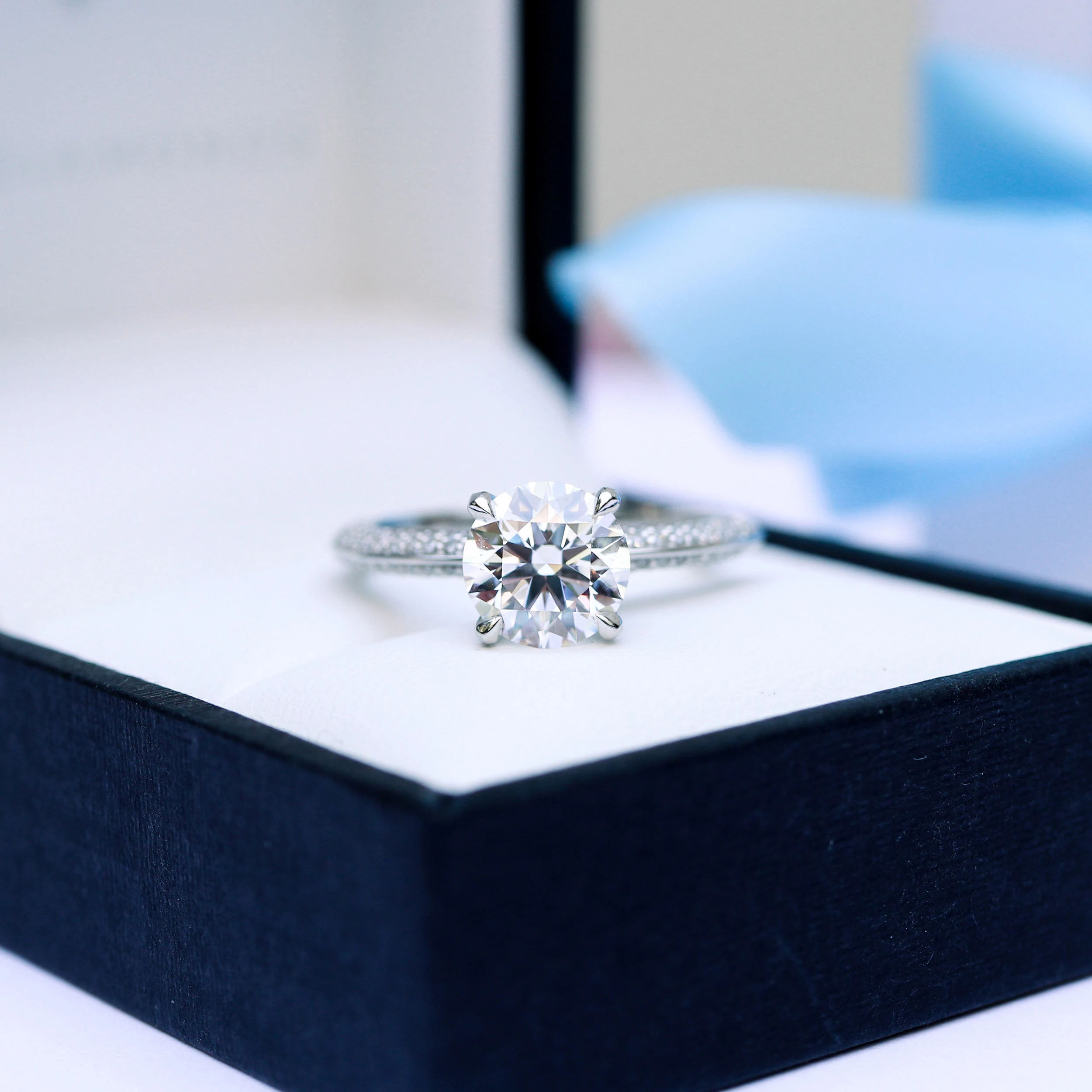 Platinum Two Carat Custom Round Lab Grown Diamond Engagement Ring with Knife Edge Micropavé Band Ada Diamonds Design AD178 on Model