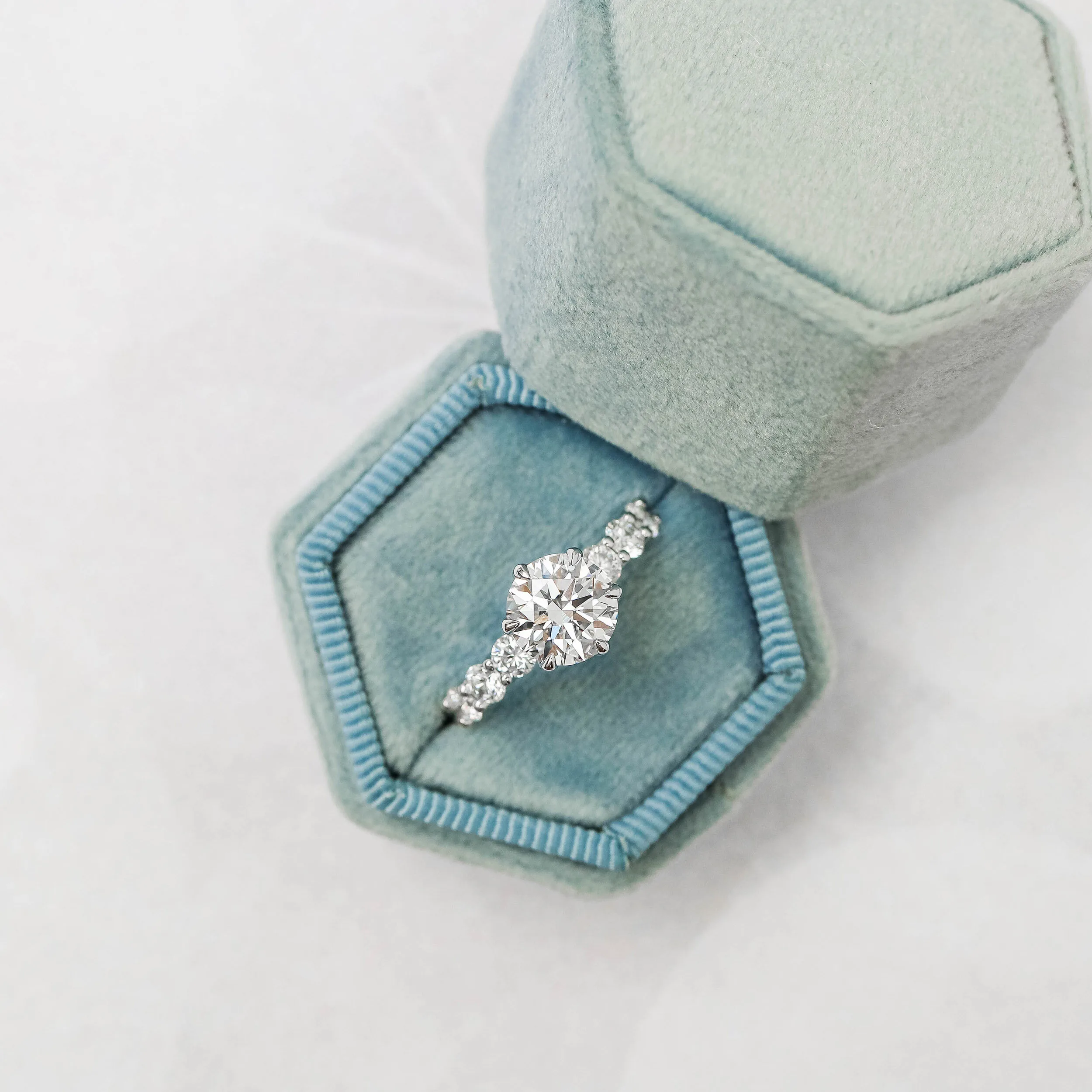 Platinum Custom French U Lab Diamond Six Prong Engagement Ring Ada Diamonds Design Number AD-178 in Blue Velvet Box