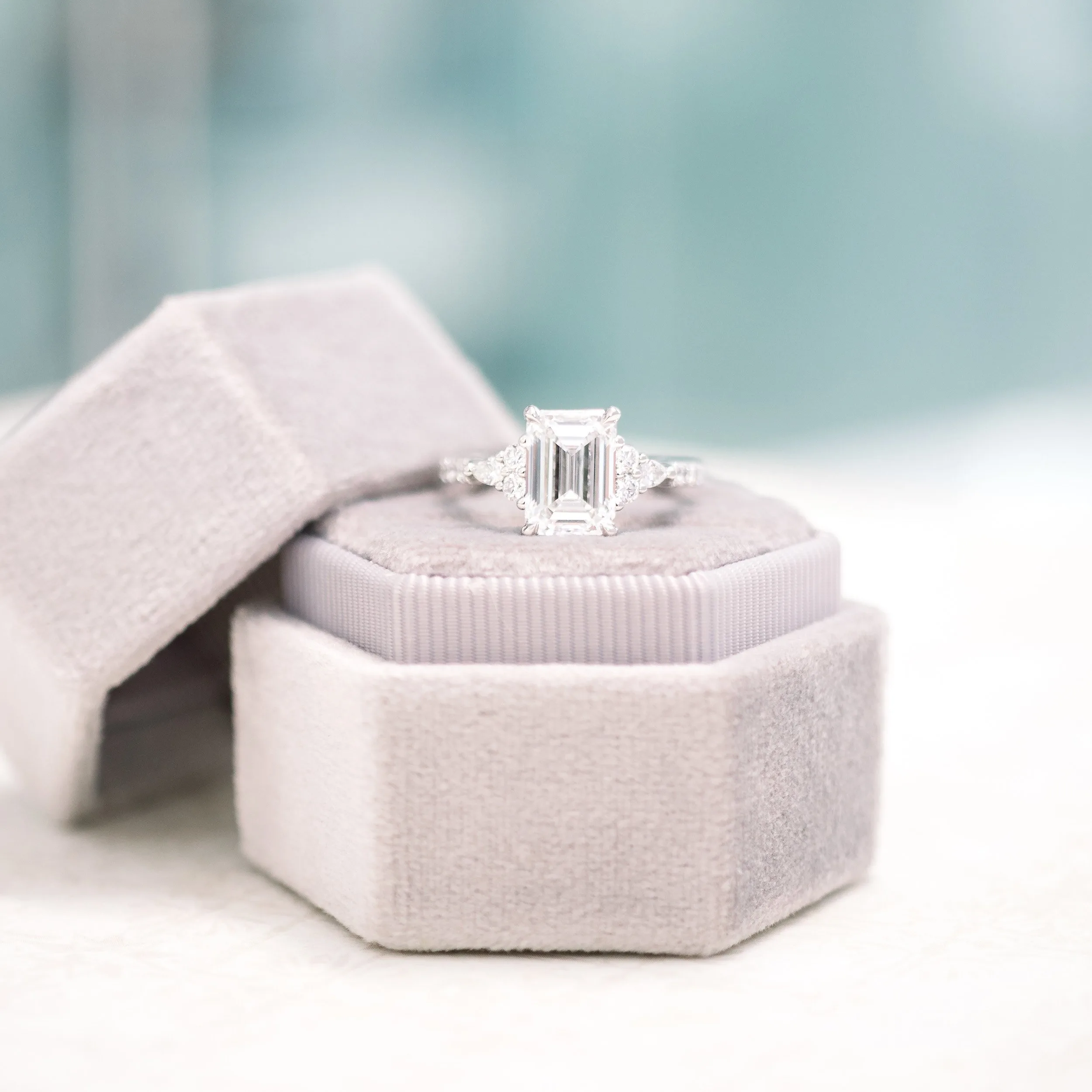 platinum 3ct emerald cut lab diamond engagement ring with cluster side stones and diamond band ada diamonds design ad 178 macro