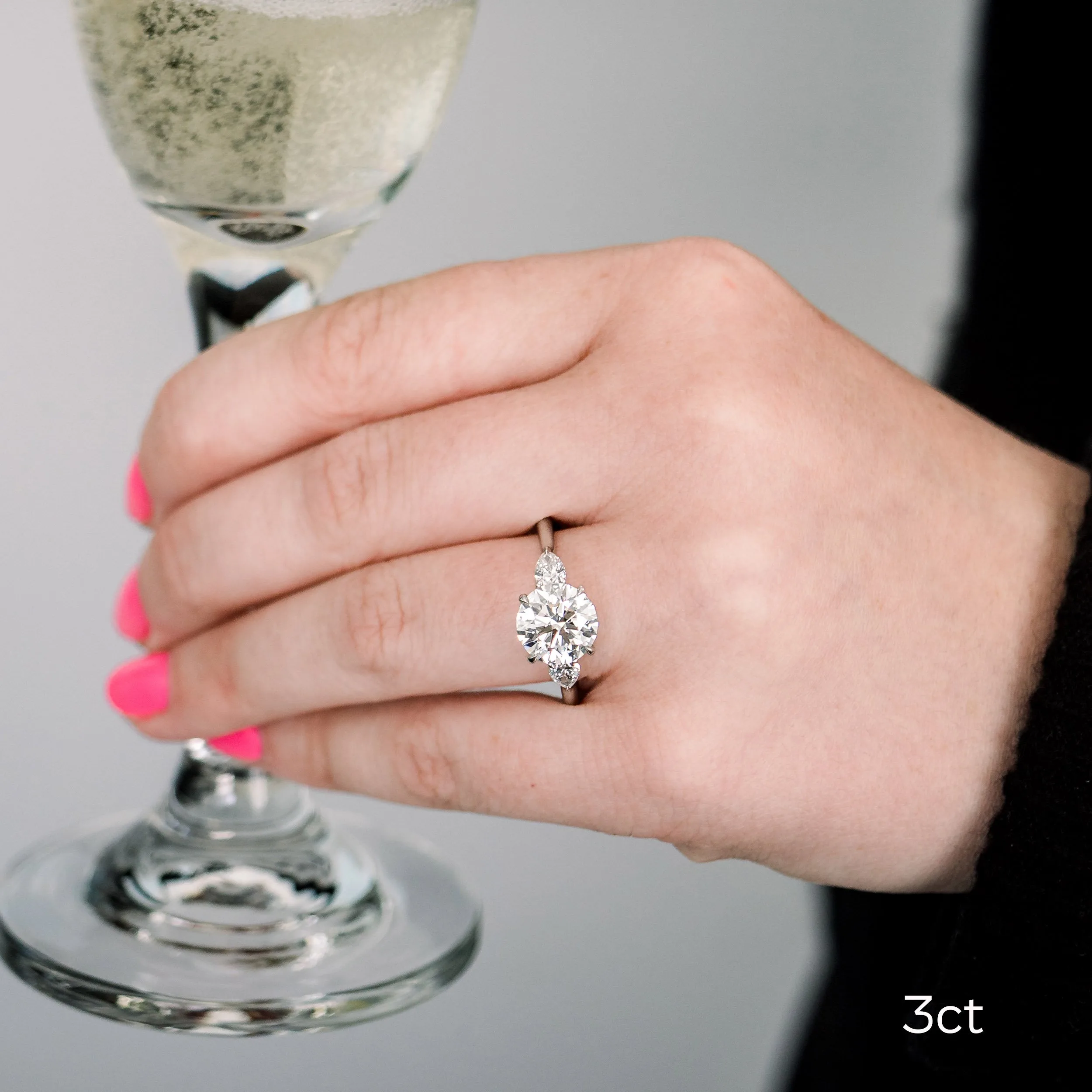 platinum 3 ct round and pear three stone lab grown diamond engagement ring ada diamonds design ad 456 on model