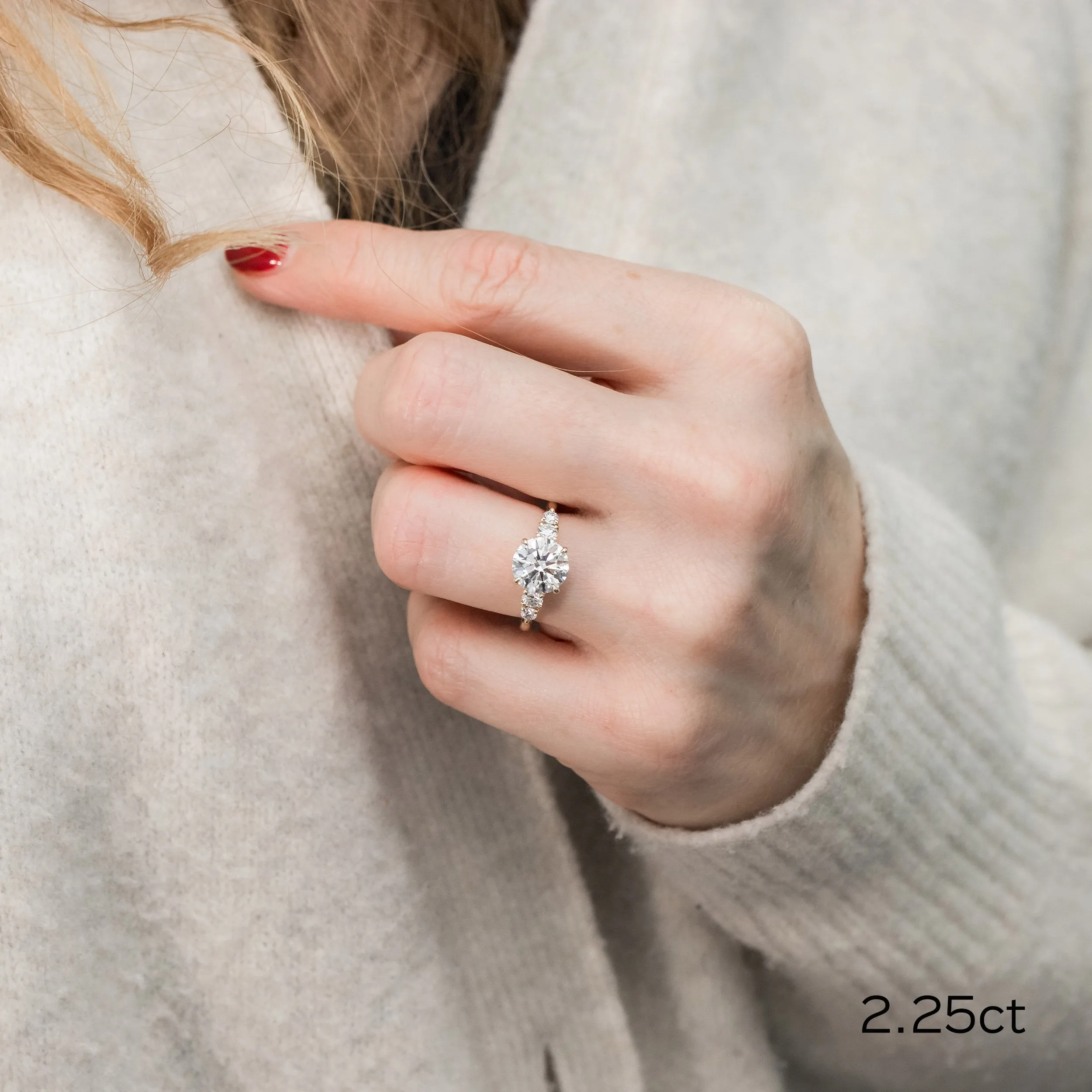 14k yellow gold 2.5ct round five stone lab diamond engagement ring on model ada diamonds design ad 180