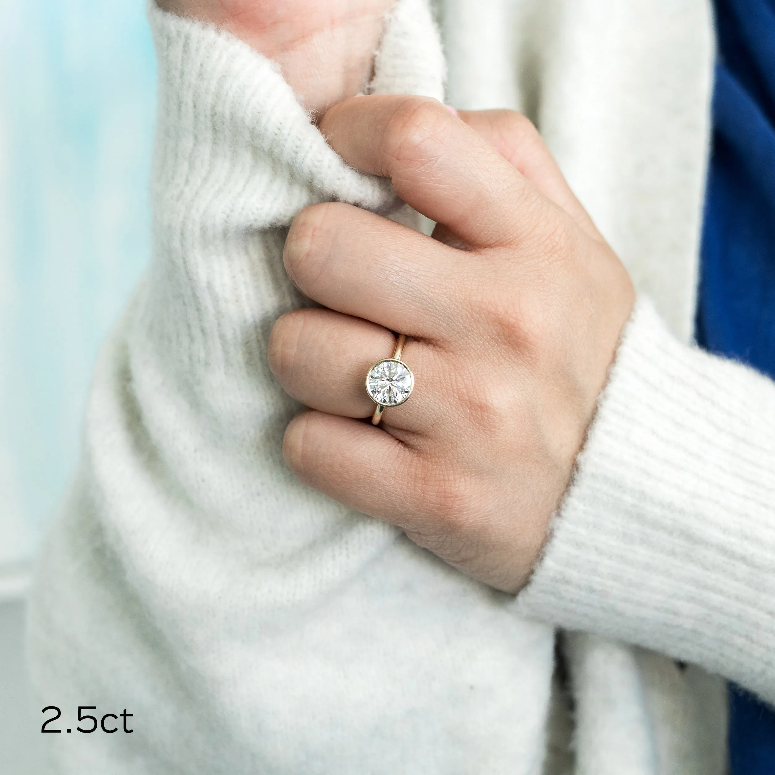 14k yellow gold 2.5 carat round bezel lab diamond solitaire engagement ring ada diamonds design ad 148 on model