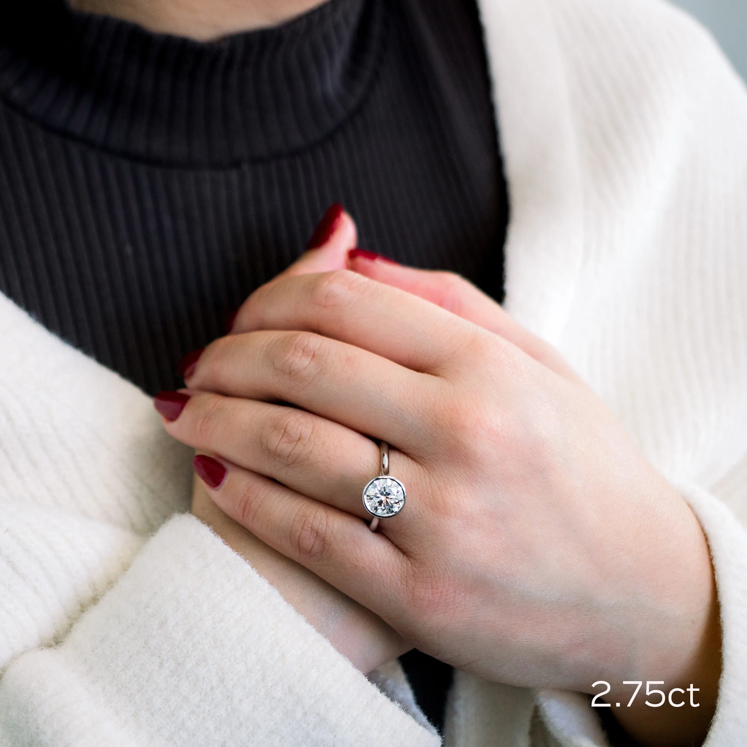 platinum round 2.75 carat bezel solitaire engagement ring ada diamonds design ad 148 on model