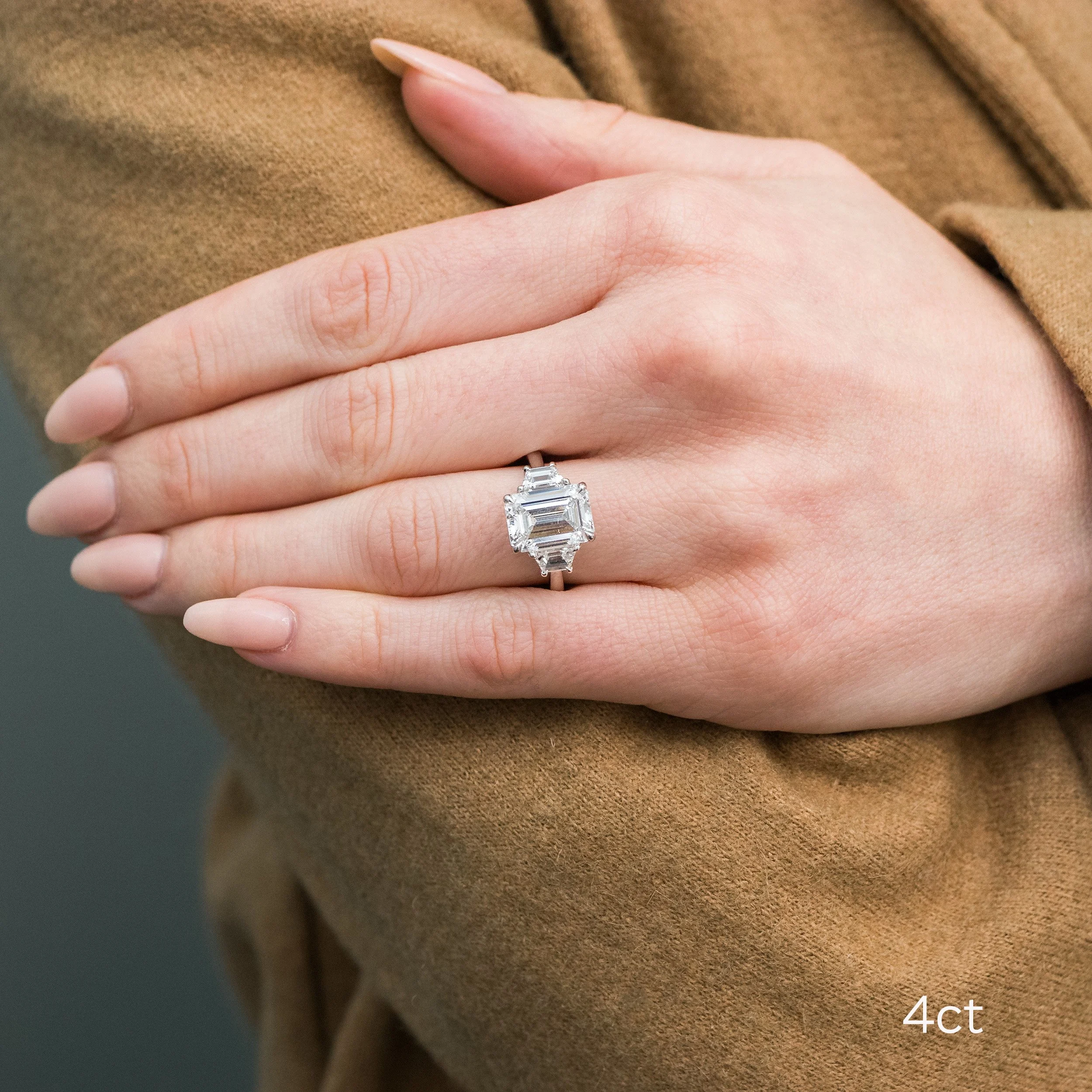 platinum 5ct emerald cut and trapezoid three stone lab diamond engagement ring ada diamond design ad 465 on model