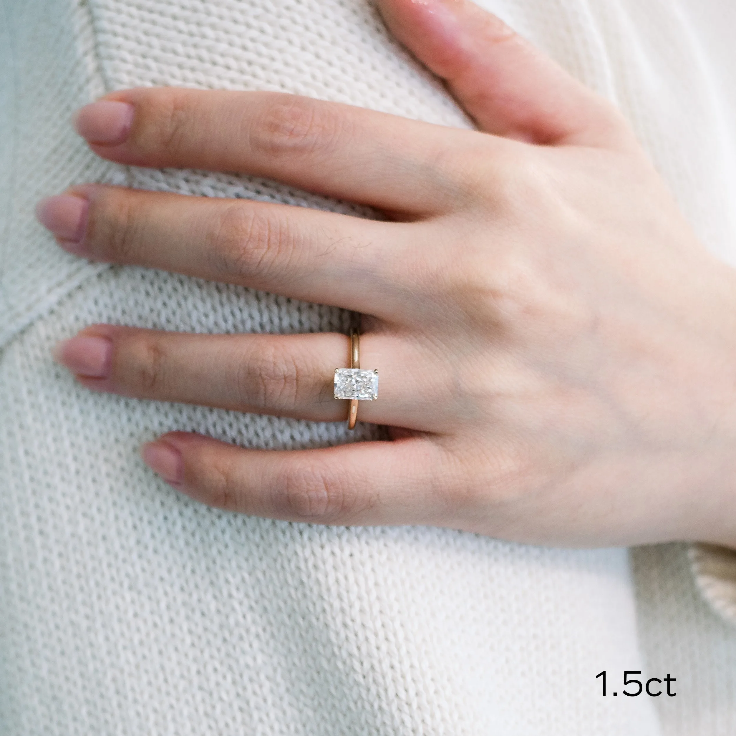 14k yellow gold 1.5 carat radiant cut lab created diamond trellis solitaire engagement ring on model ada diamonds design ad 333