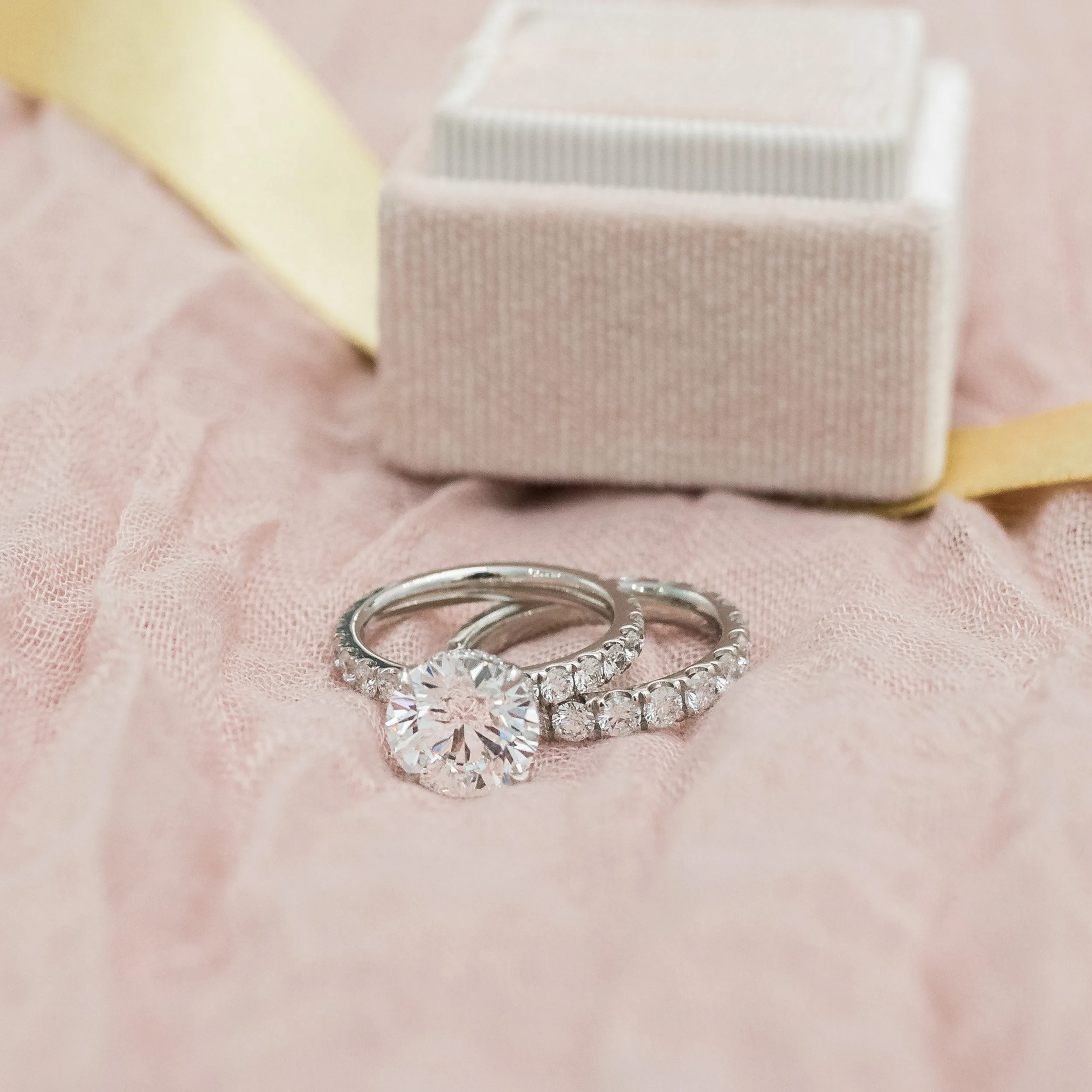 platinum lab diamond wedding set with u pavé three quarter wedding band and petite four prong pavé engagement ring ada diamonds