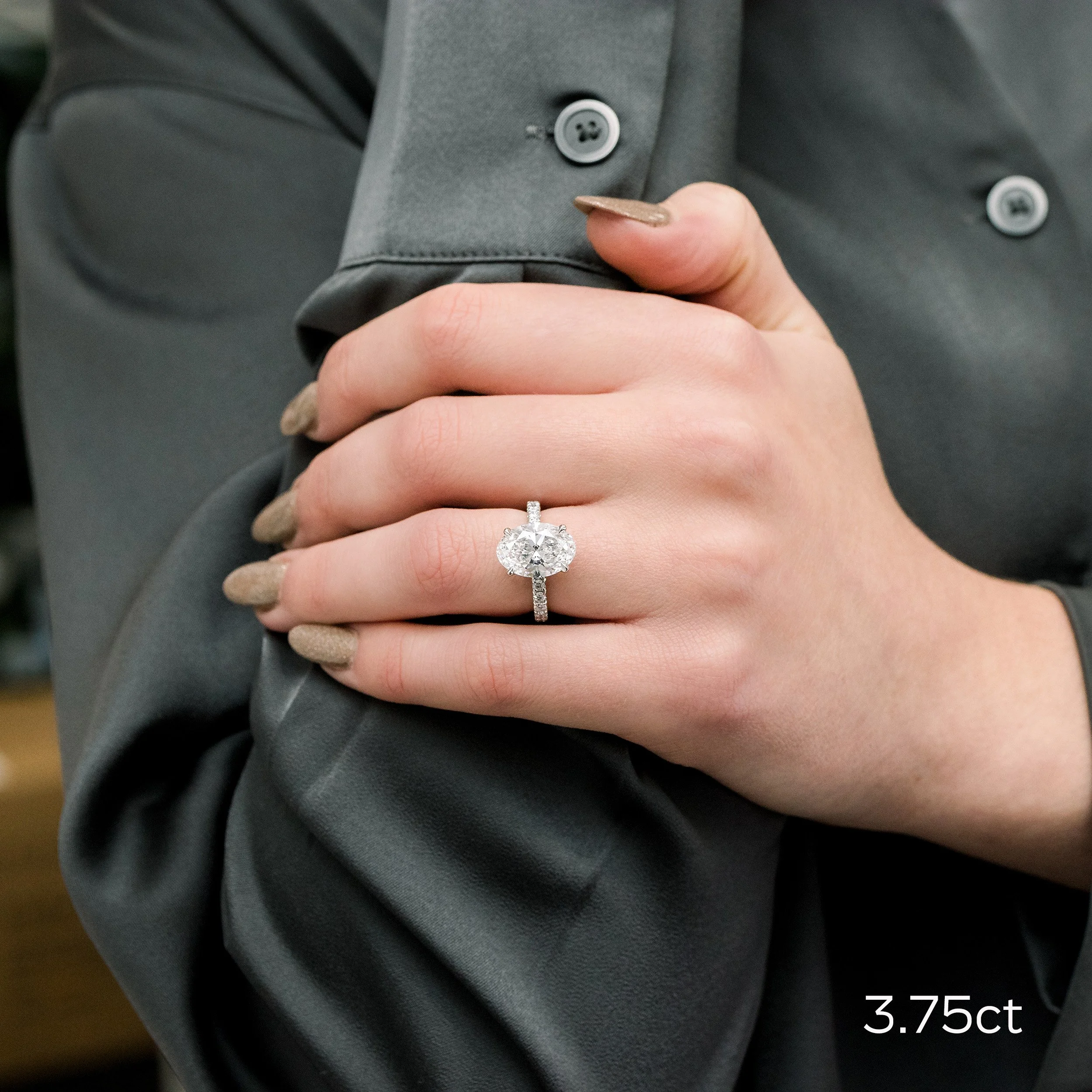 platinum 3.75ct oval cut lab diamond petite pavé engagement ring ada diamonds design ad 230 on model