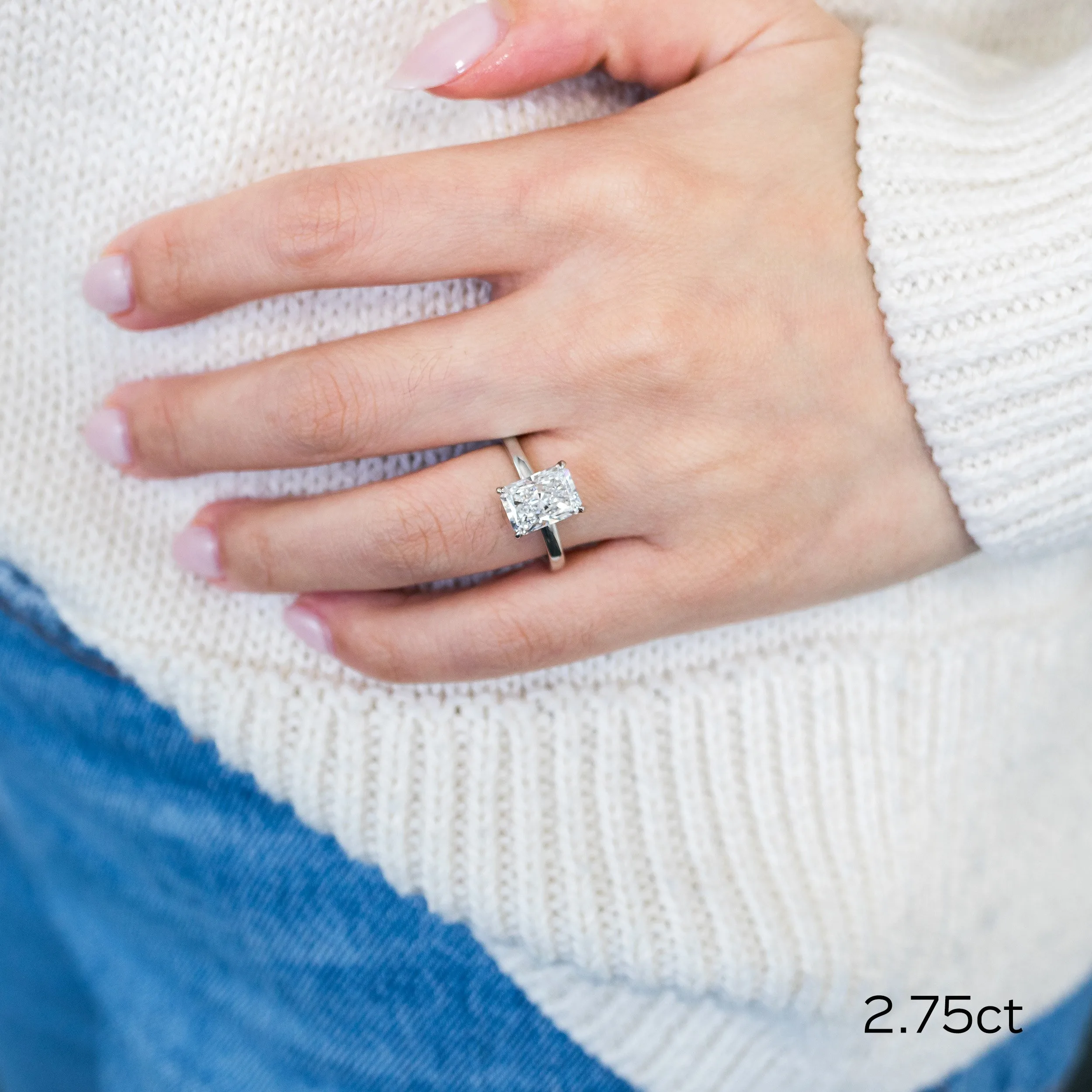 custom platinum floral solitaire engagement ring with 2.75 carat radiant lab diamond ada diamonds design ad 368 on model