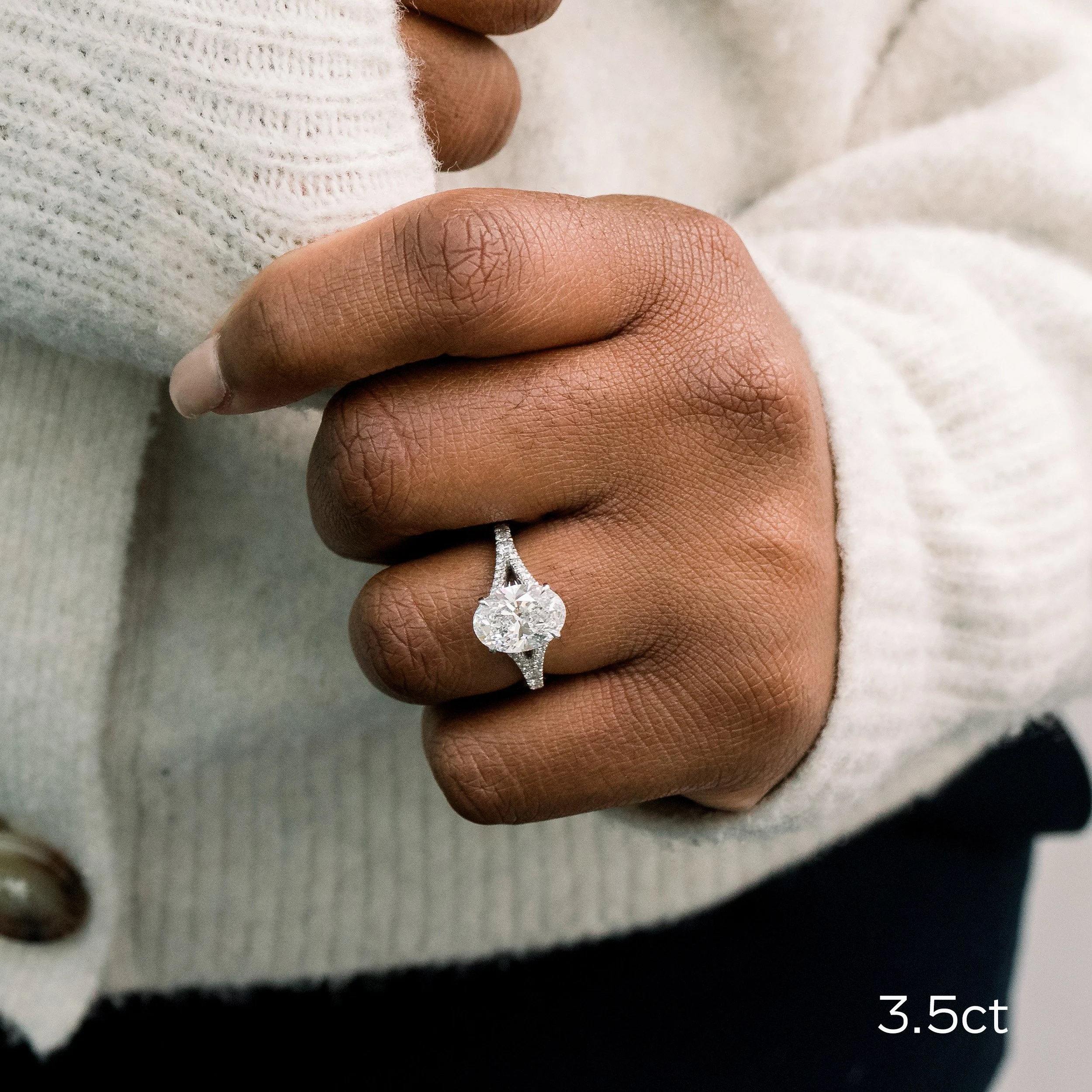 platinum trellis split shank engagement ring with 3.5ct oval man made diamond on model ada diamonds design 153