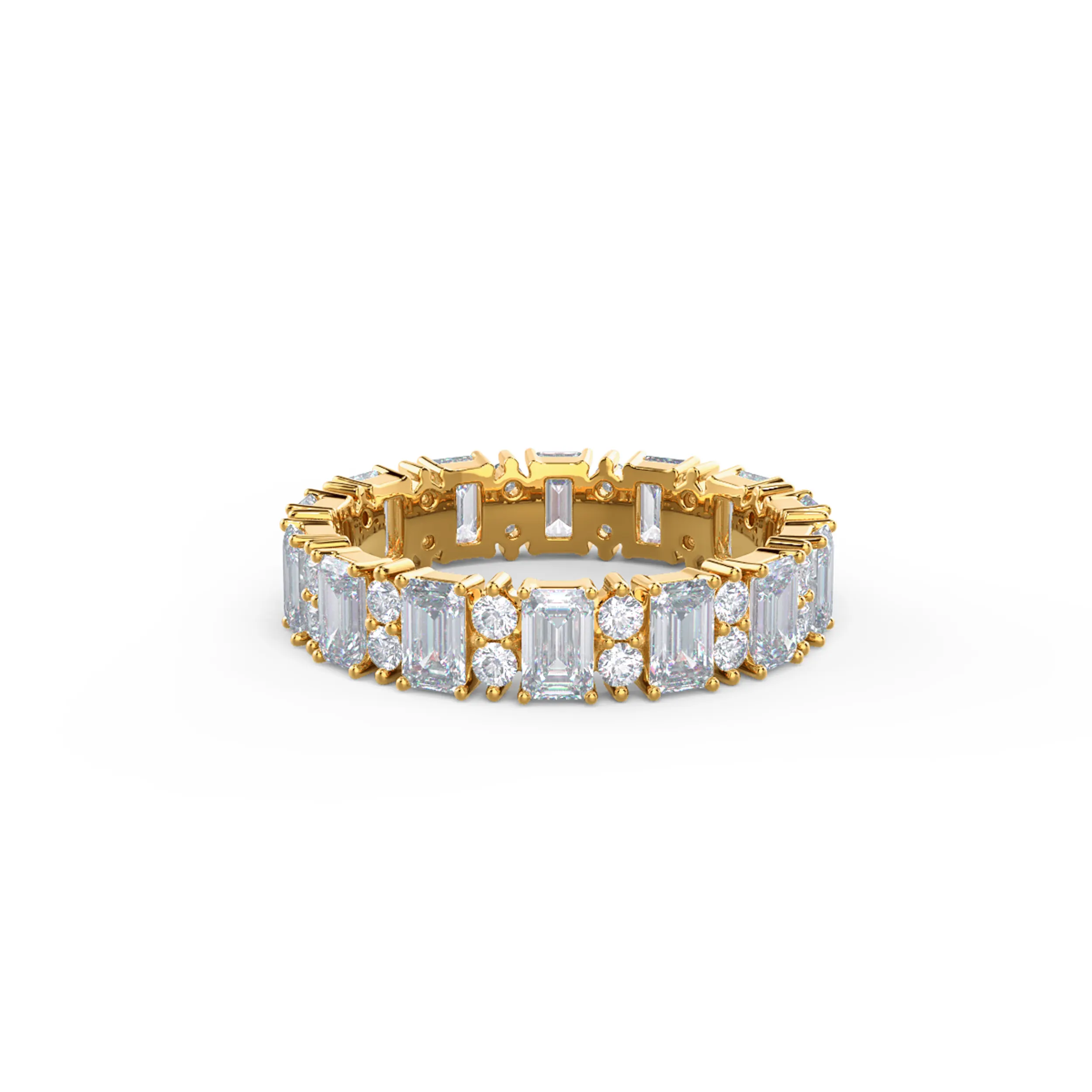 14k Yellow Gold Emerald and Round Eternity Band featuring High Quality 3.3 Carat Man Made Diamonds (Main View)