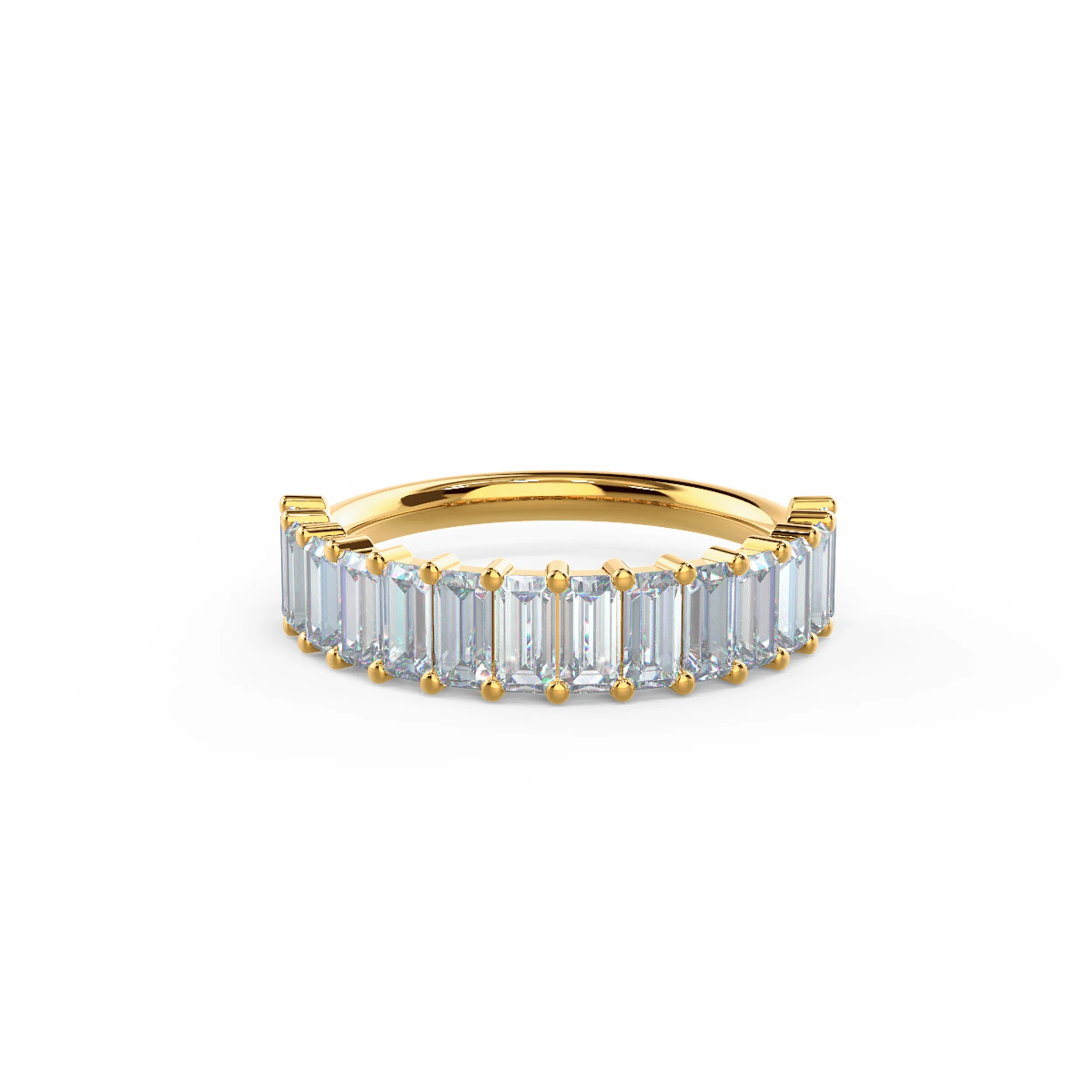 High Quality 1.4 ct Man Made Diamonds set in 18k Yellow Gold Baguette Diamond Half Eternity Band (Main View)
