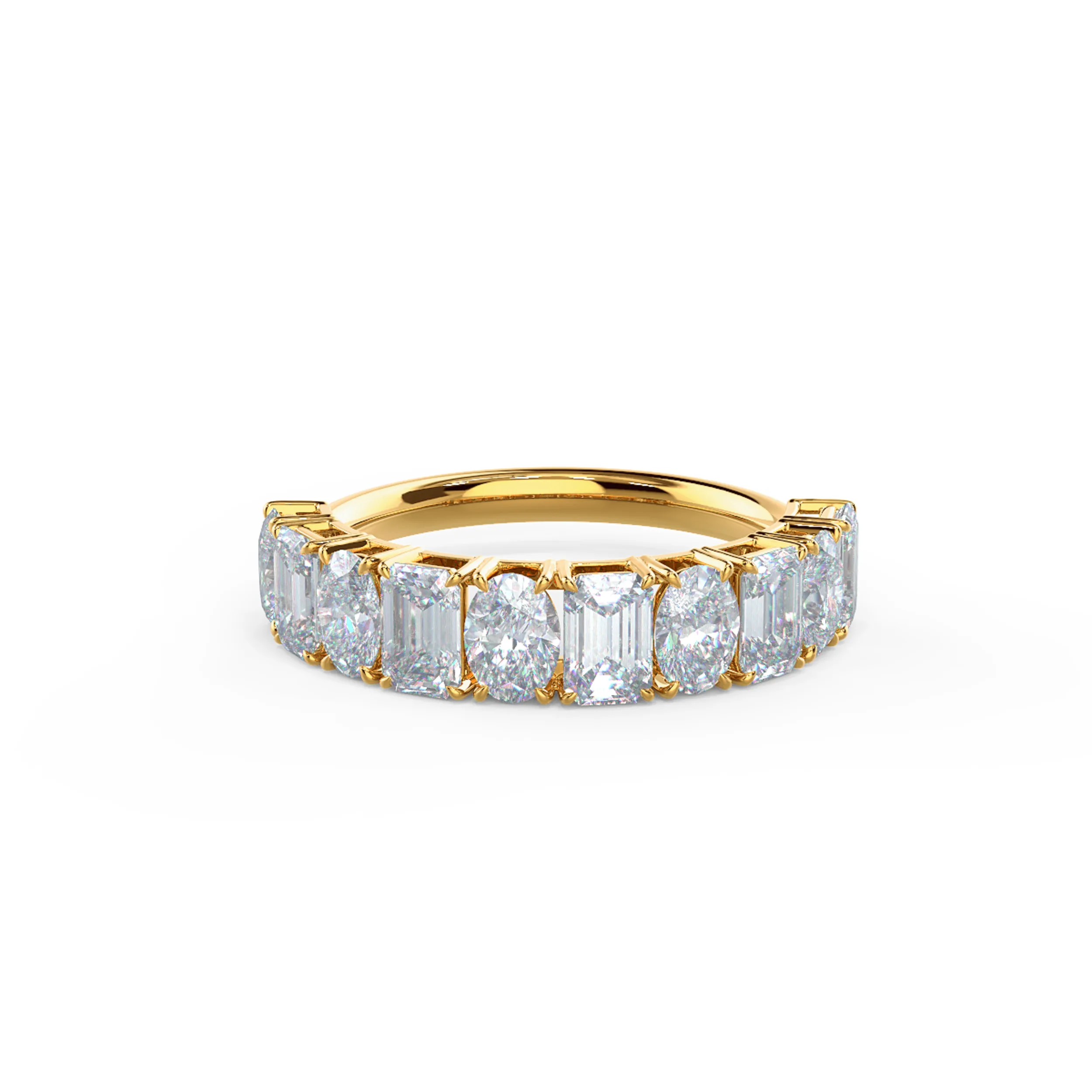 High Quality 2.5 Carat Synthetic Diamonds set in Yellow Gold Emerald and Oval Half Band (Main View)
