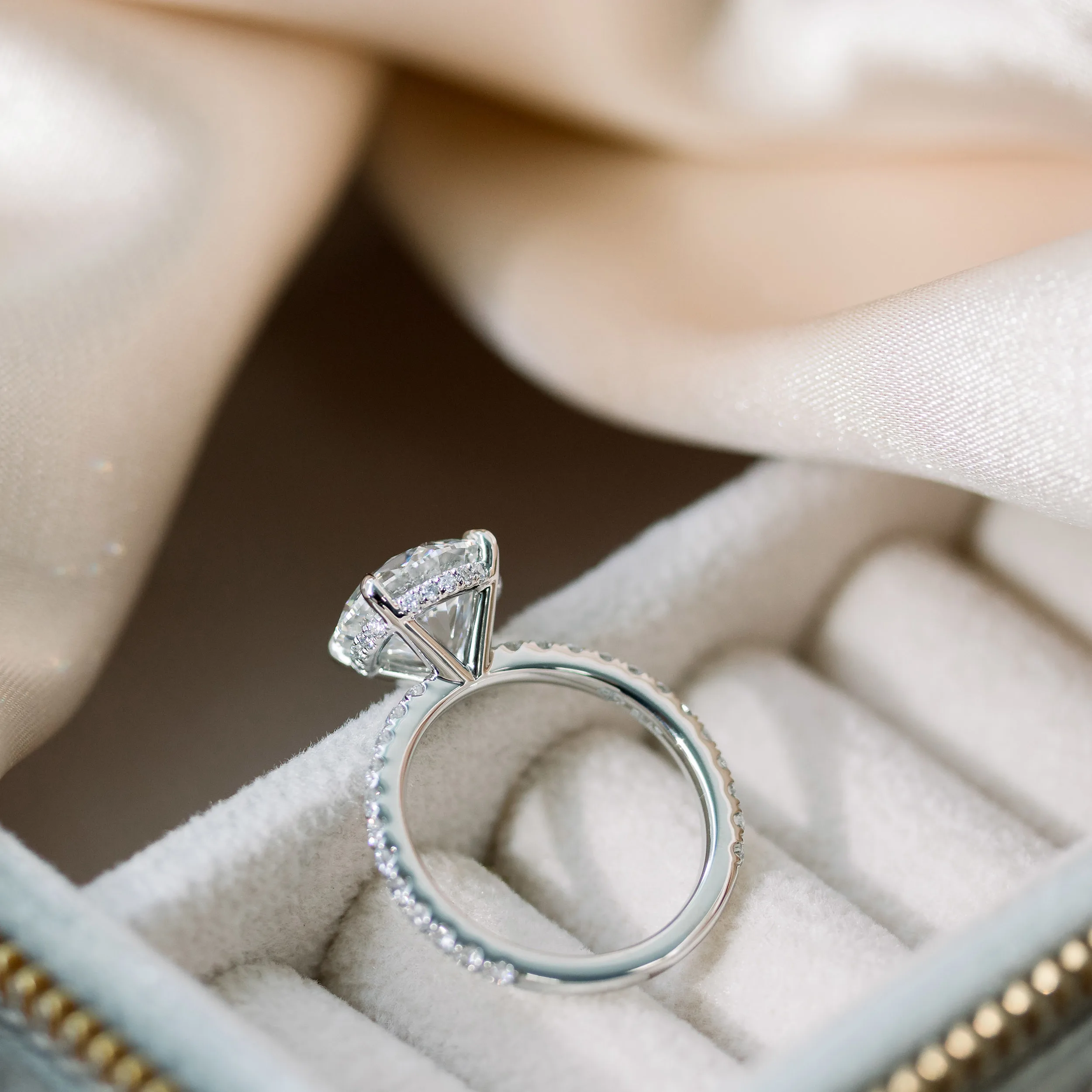 3.25 ct Diamonds set in Platinum Round Petite Four Prong Pavé Diamond Engagement Ring (Profile View)