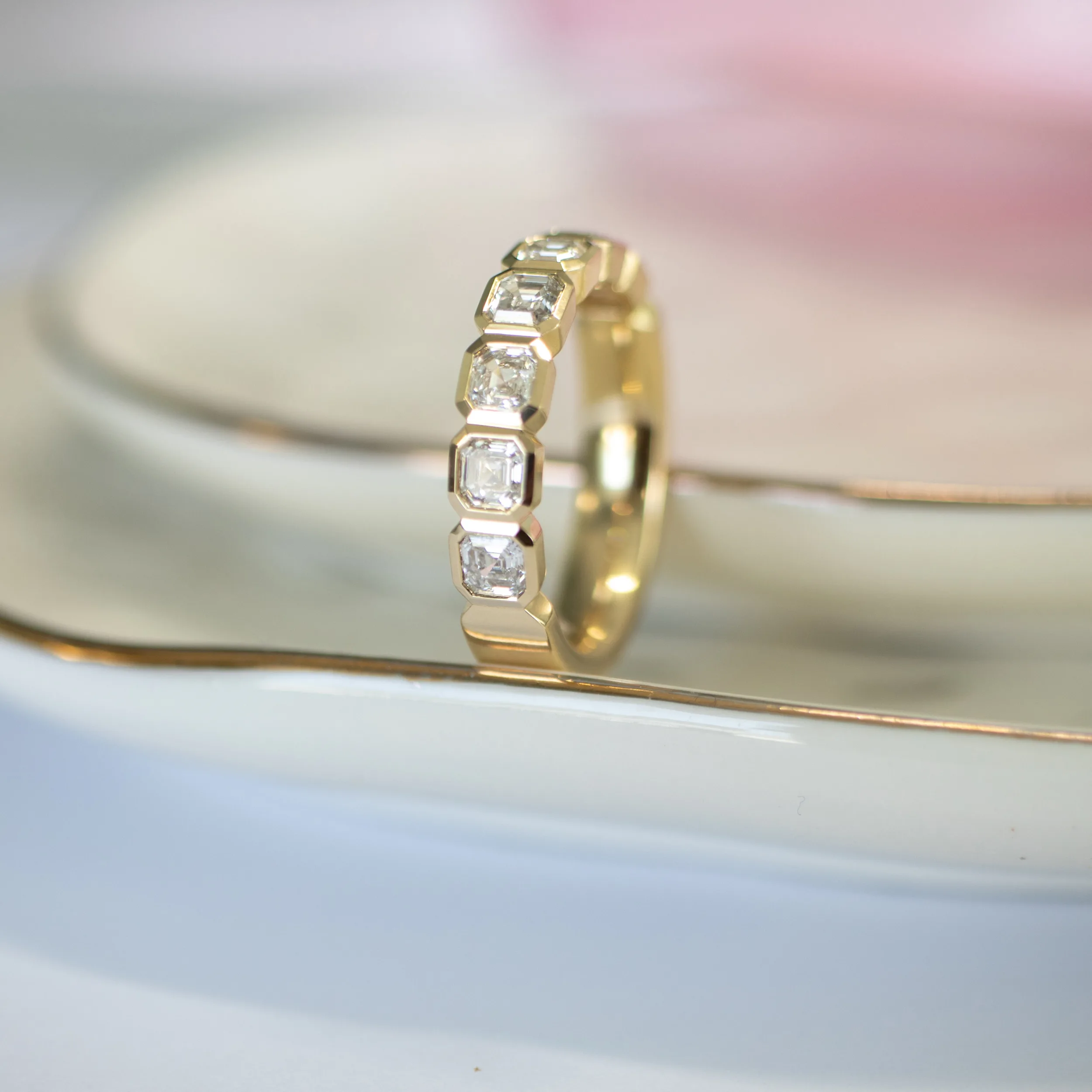 custom asscher cut lab- diamond mens wedding band in 14k yellow gold