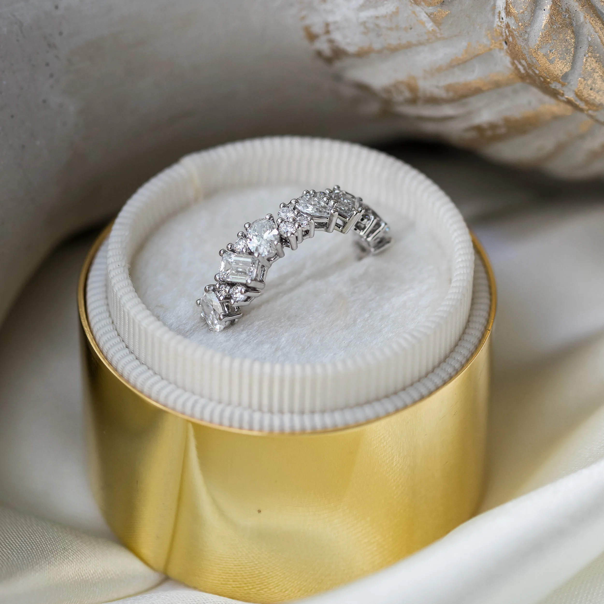 18 Karat White Gold Cassie Eternity Band featuring Hand Selected 2.0 ct Man Made Diamonds (Profile View)