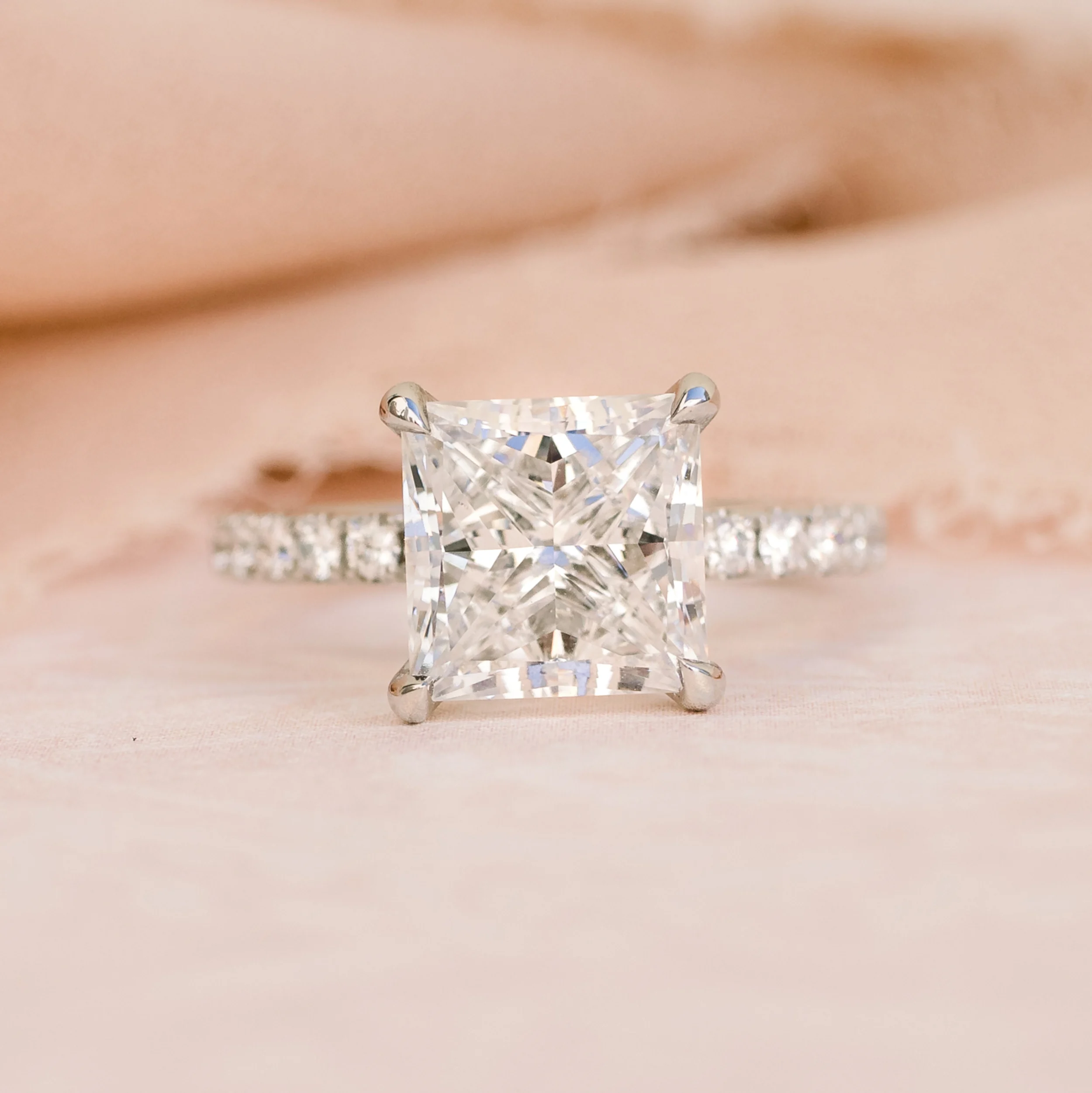 Princess Classic Four Prong Pavé Diamond Engagement Ring featuring Lab Diamonds (Profile View)