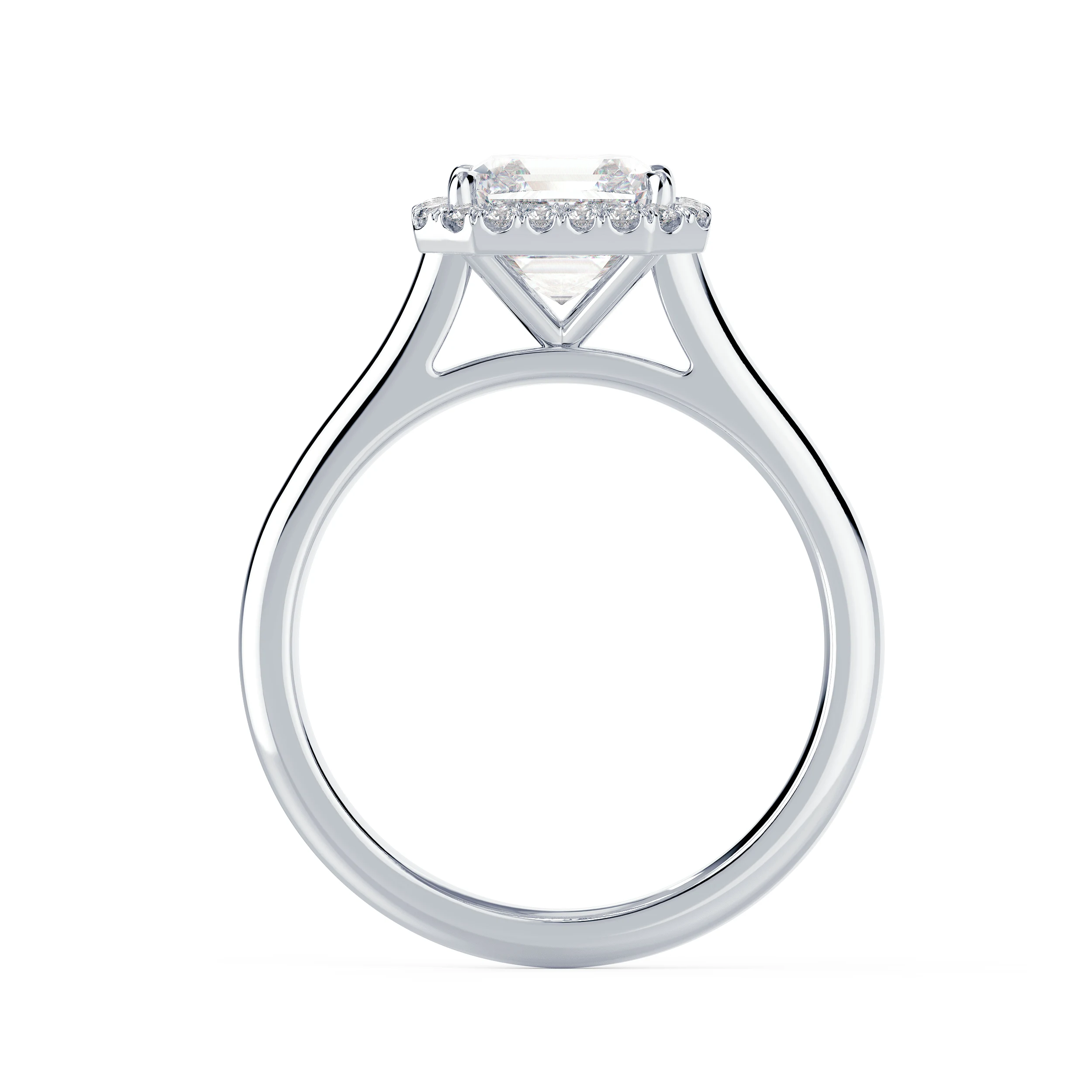 White Gold Asscher Single Halo Diamond Engagement Ring featuring 2.0 Carat Lab Diamonds (Profile View)