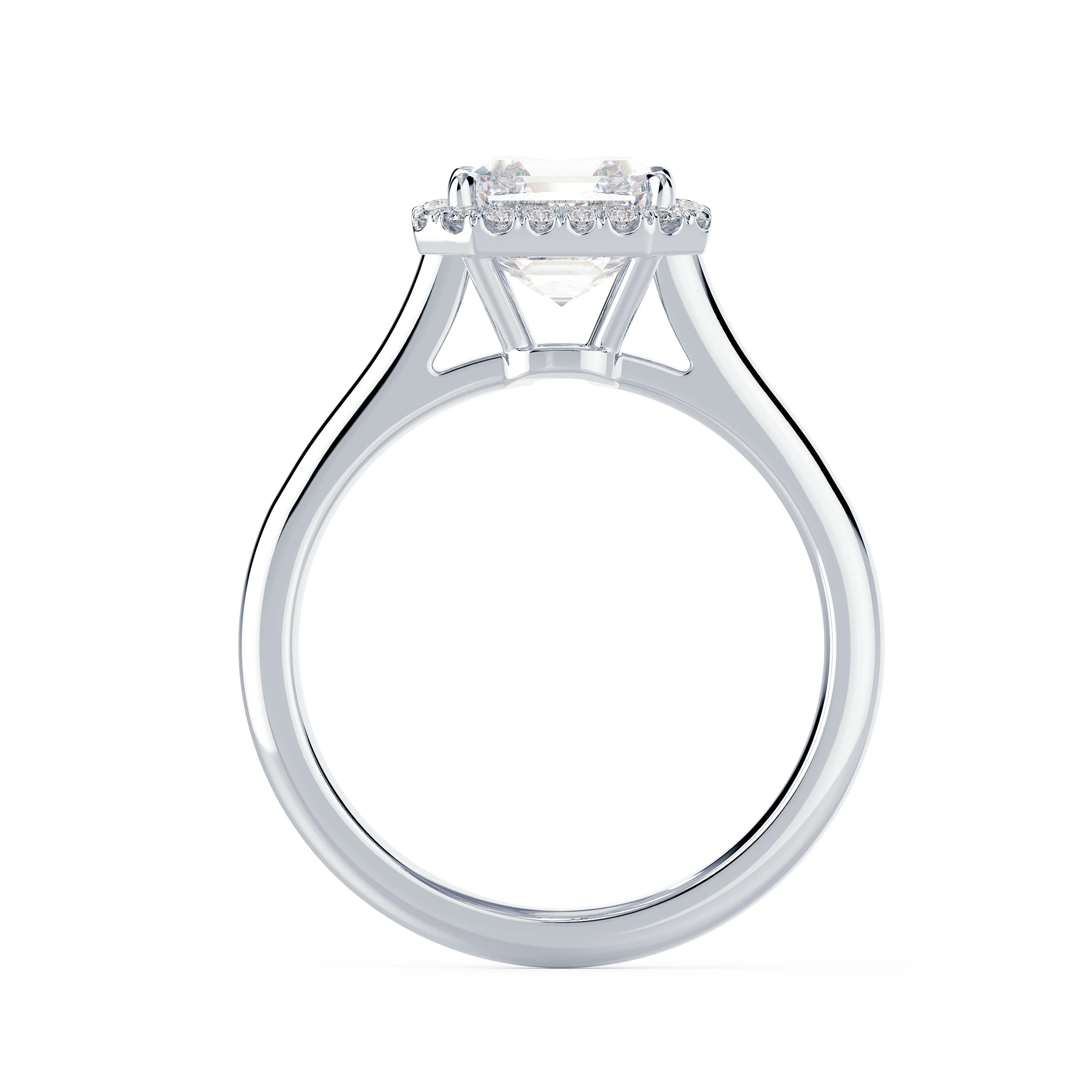 18 Karat White Gold Asscher Single Halo Setting featuring Hand Selected 2.0 ct Lab Diamonds (Profile View)