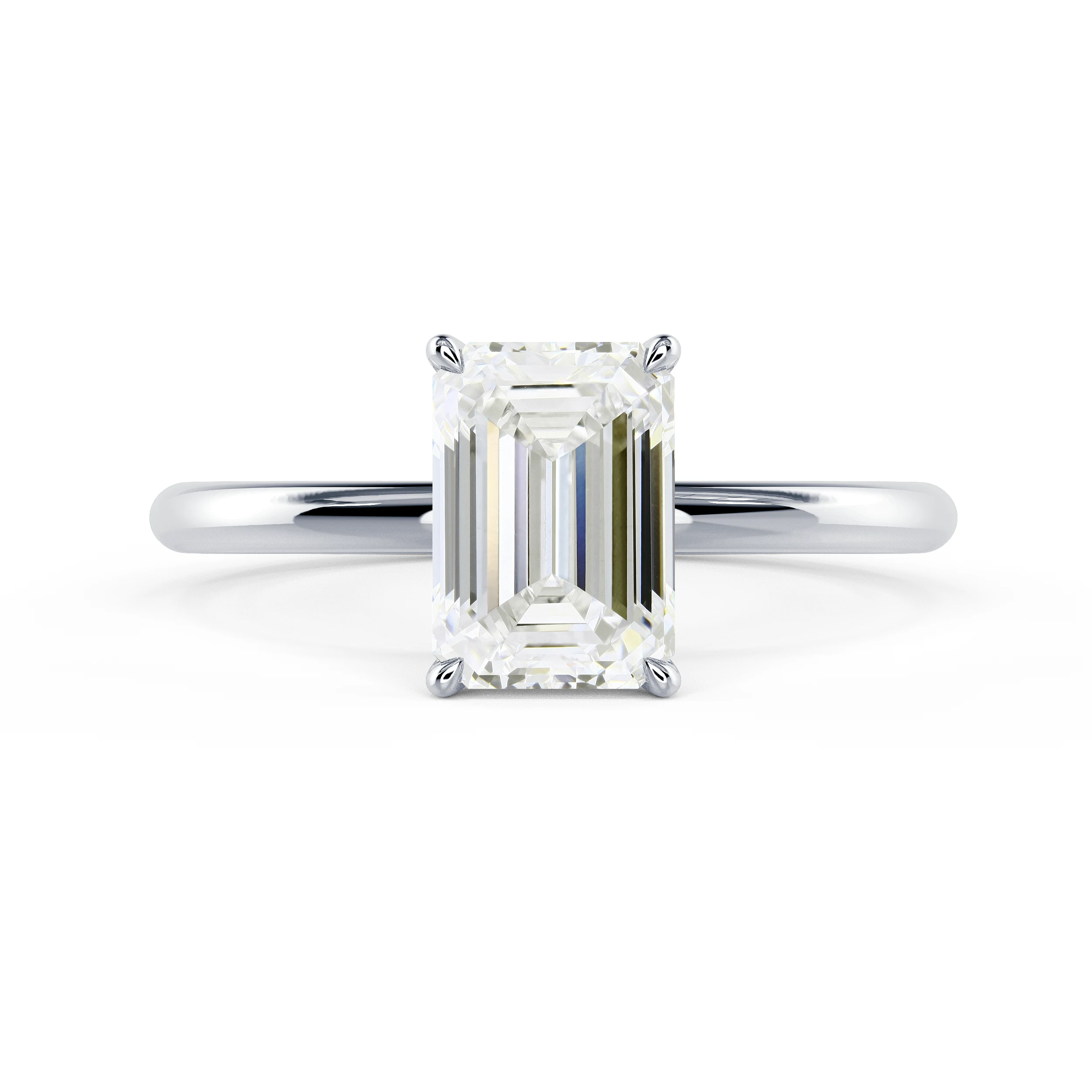 White Gold Emerald Petite Four Prong Solitaire featuring Synthetic Diamonds (Main View)