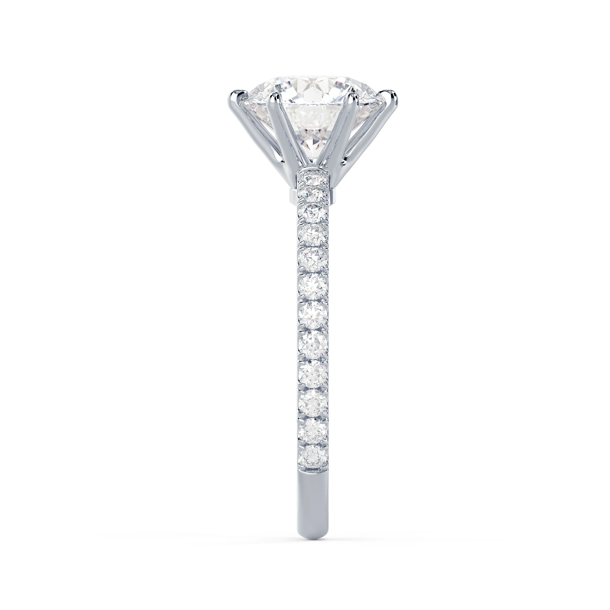 Synthetic Diamonds set in White Gold Round Six Prong Pavé Setting (Side View)