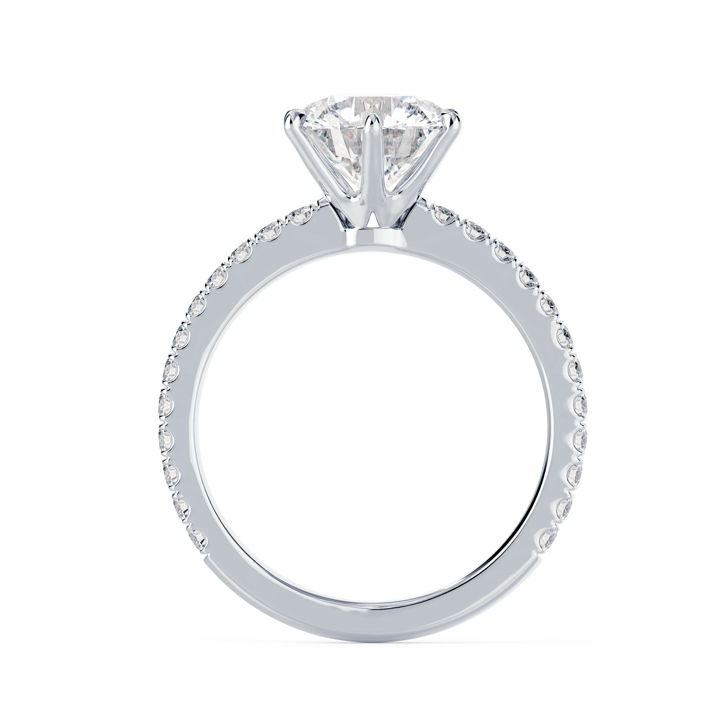 White Gold Round Six Prong Pavé Diamond Engagement Ring featuring High Quality Diamonds (Profile View)