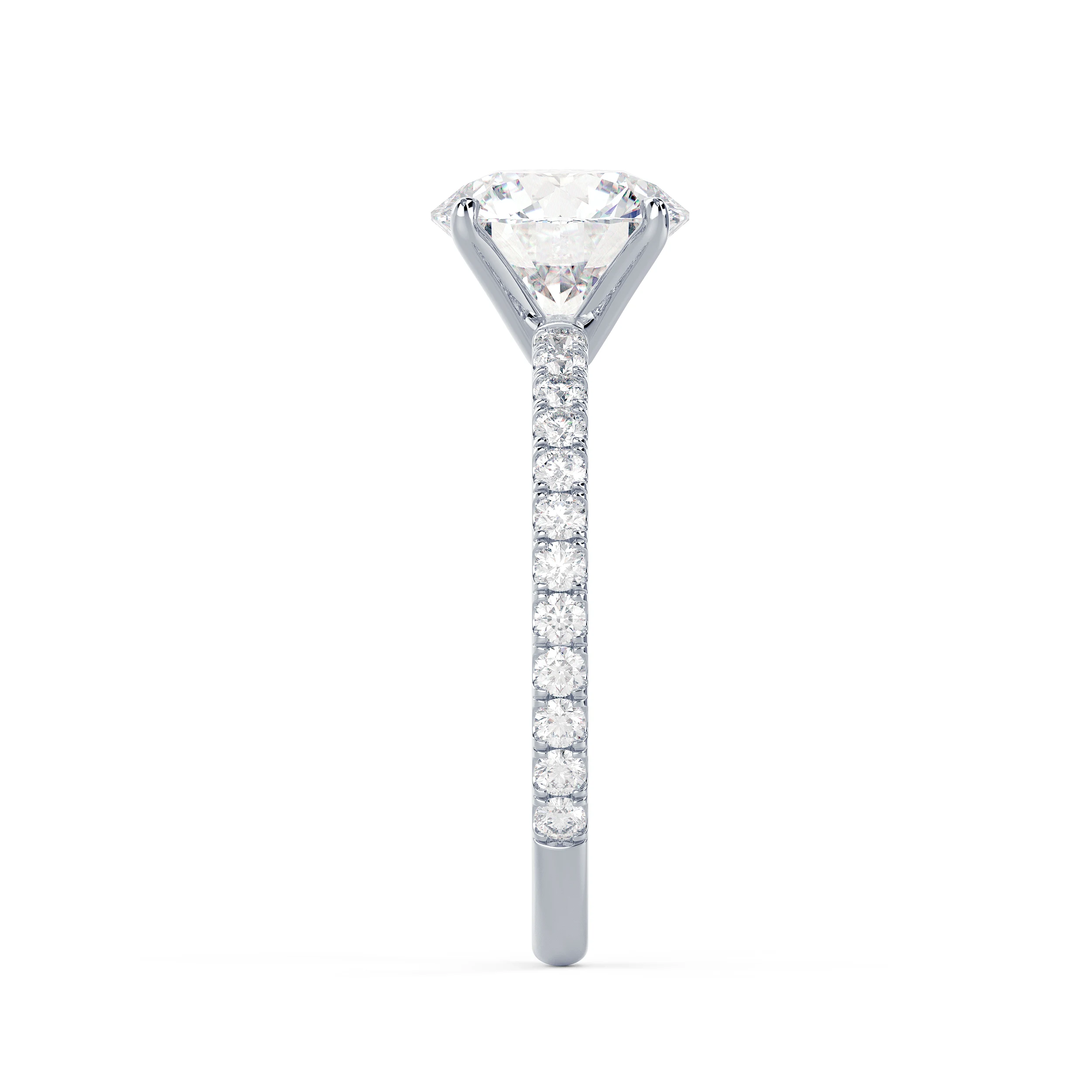 High Quality Diamonds set in White Gold Round Classic Four Prong Pavé Diamond Engagement Ring (Side View)
